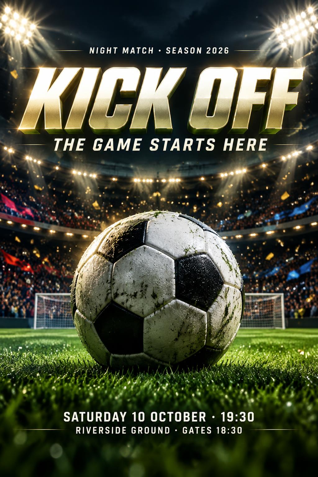 "KICK OFF
NIGHT MATCH • SEASON 2026
THE GAME STARTS HERE
SATURDAY 10 OCTOBER · 19:30
RIVERSIDE GROUND · GATES 18:30" — Sports Football | AI Text Effect Generator