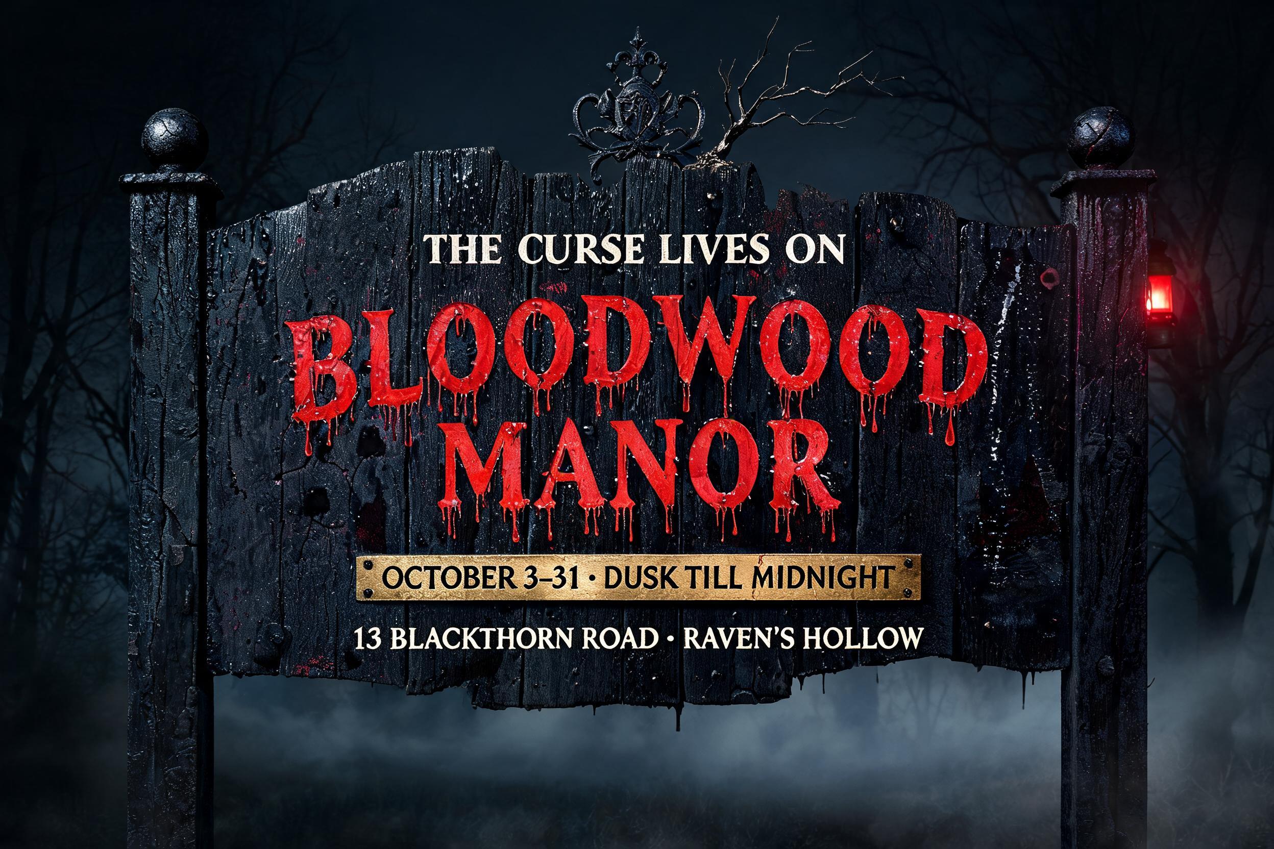 "Design a haunted attraction sign for Bloodwood Manor" — Drip Font Blood text effect