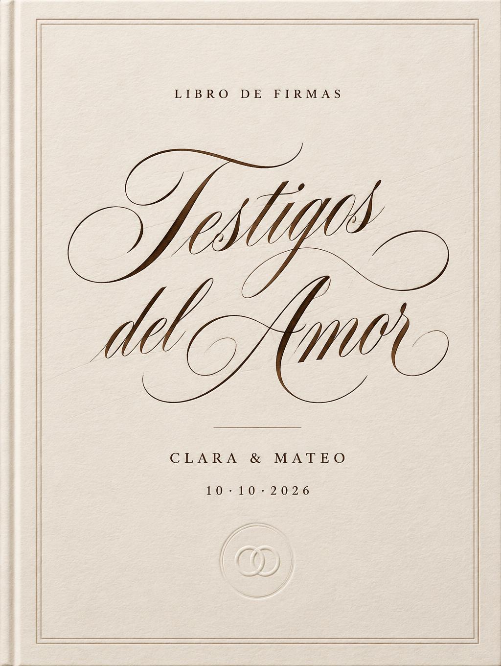 "Testigos
del Amor
LIBRO DE FIRMAS
CLARA & MATEO
10 · 10 · 2026" — Cursive Calligraphy text effect