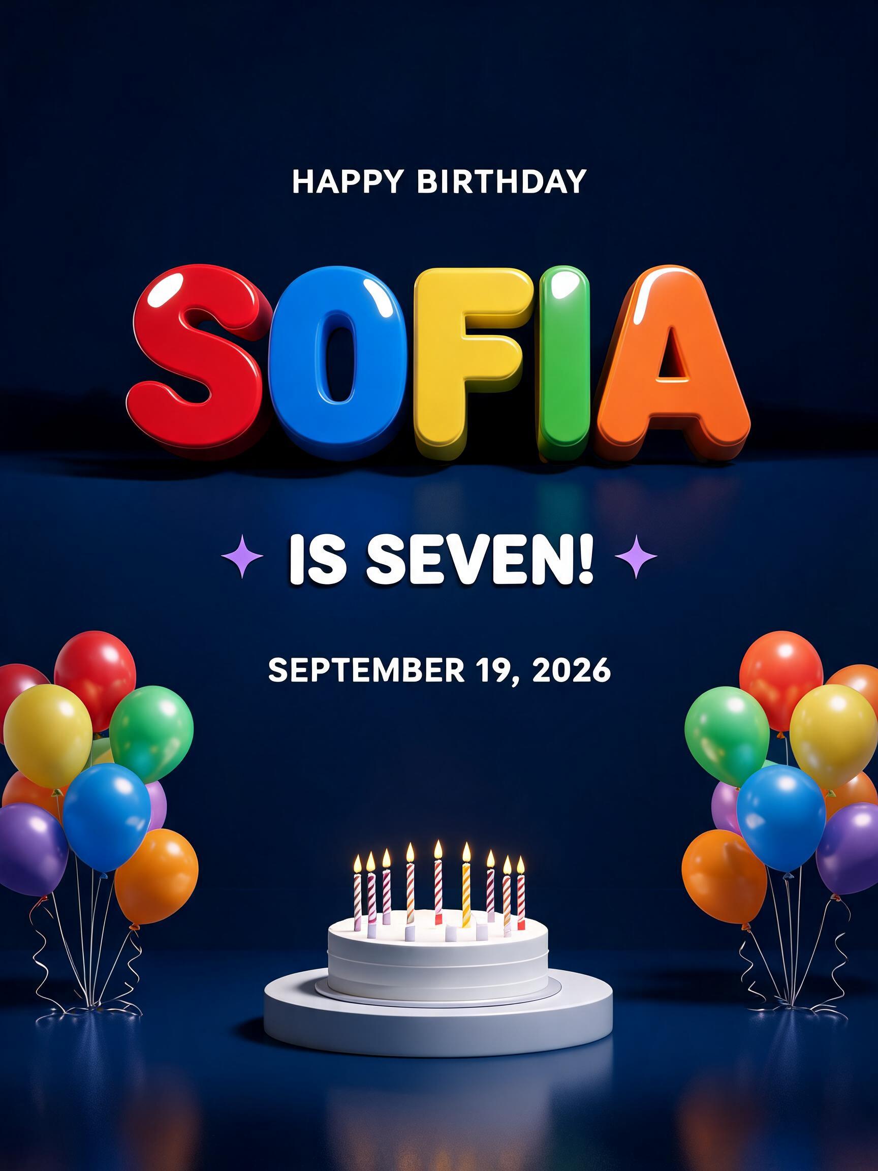 "SOFIA
HAPPY BIRTHDAY
IS SEVEN!
SEPTEMBER 19, 2026" — 3d Bold | AI Text Effect Generator