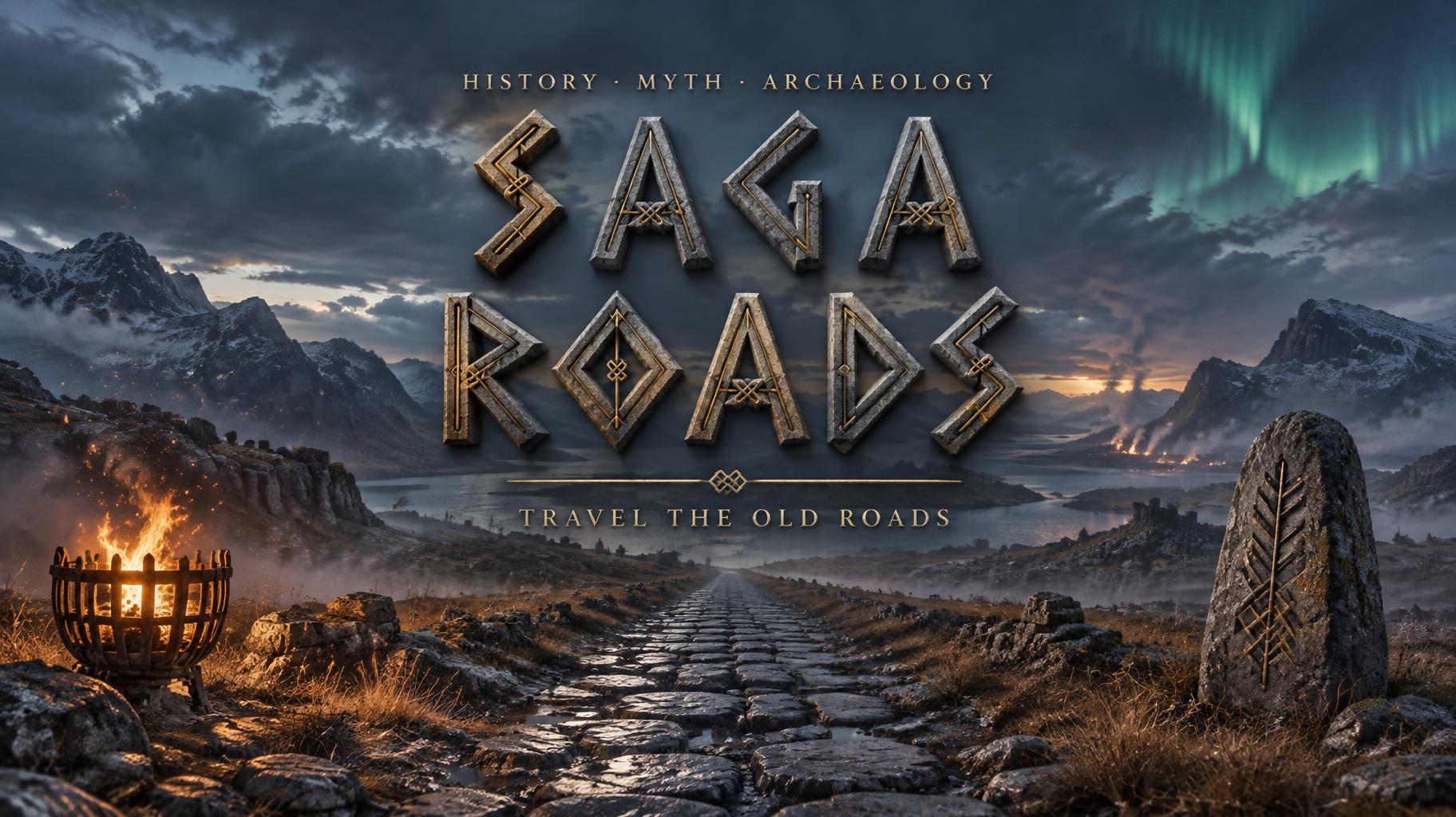 "SAGA ROADS
HISTORY · MYTH · ARCHAEOLOGY
TRAVEL THE OLD ROADS" — Viking | AI Text Effect Generator