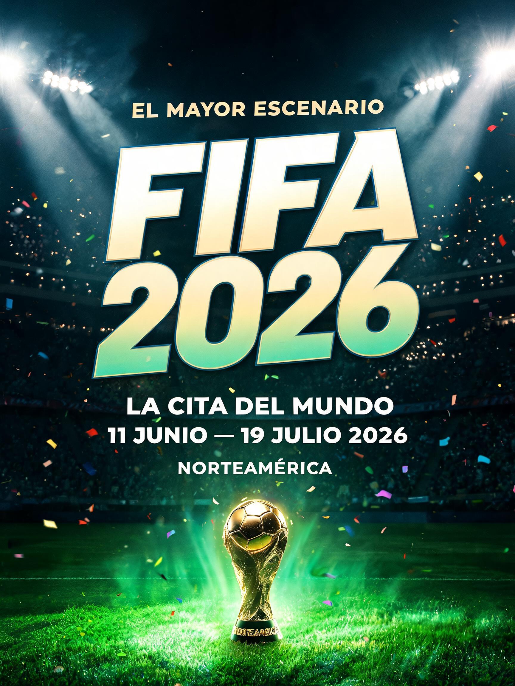 "FIFA
2026
LA CITA DEL MUNDO
11 JUNIO — 19 JULIO 2026
NORTEAMÉRICA
EL MAYOR ESCENARIO" — Sports Football | AI Text Effect Generator
