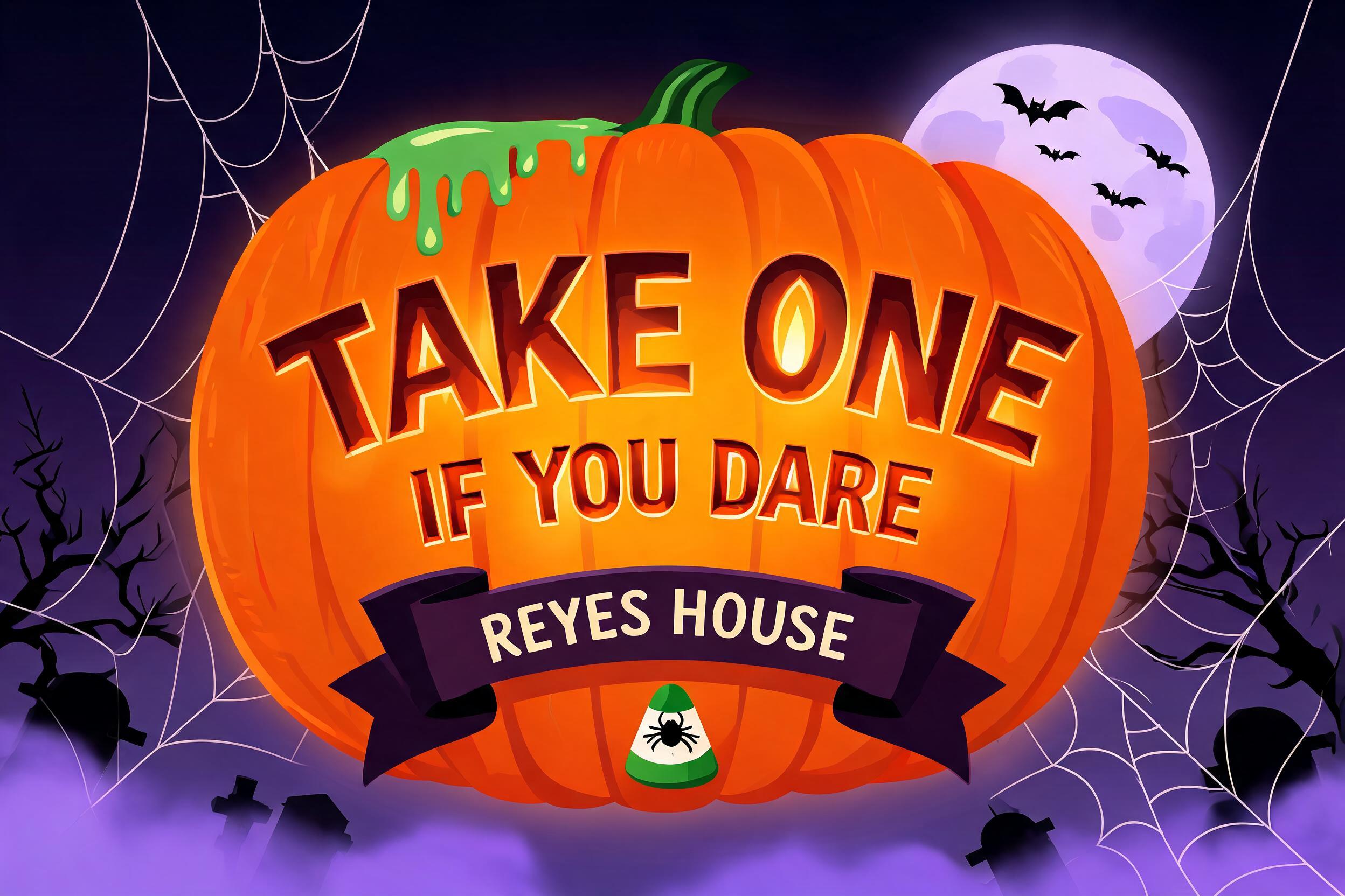 "TAKE ONE
IF YOU DARE
REYES HOUSE" — Halloween text effect
