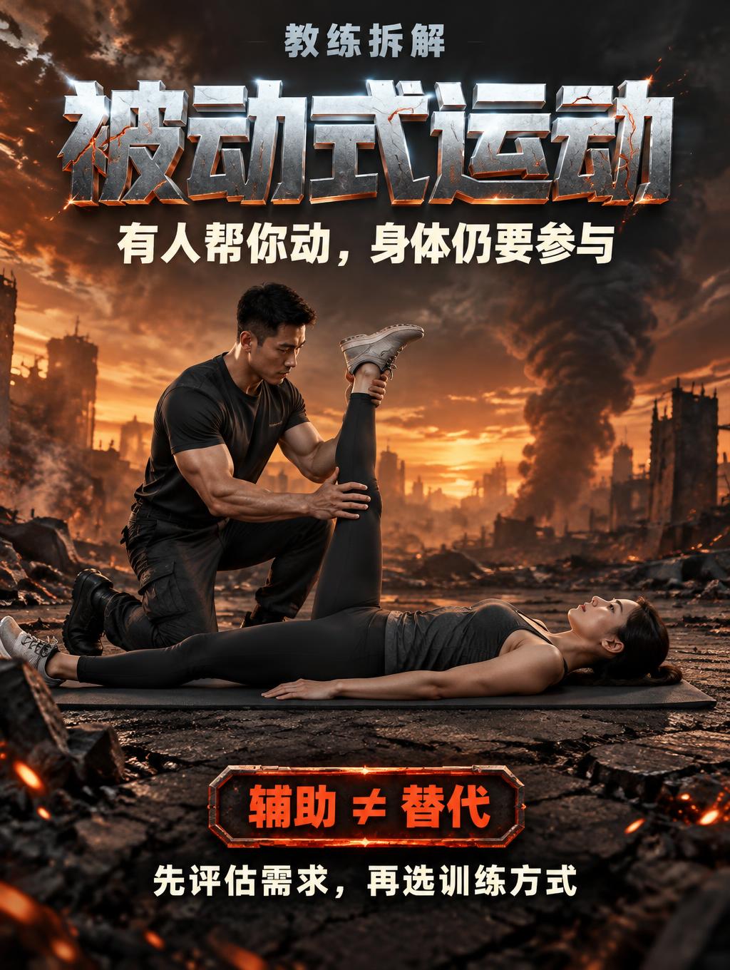 "教练拆解
被动式运动
有人帮你动，身体仍要参与
辅助 ≠ 替代
先评估需求，再选训练方式" — Post Apocalyptic text effect