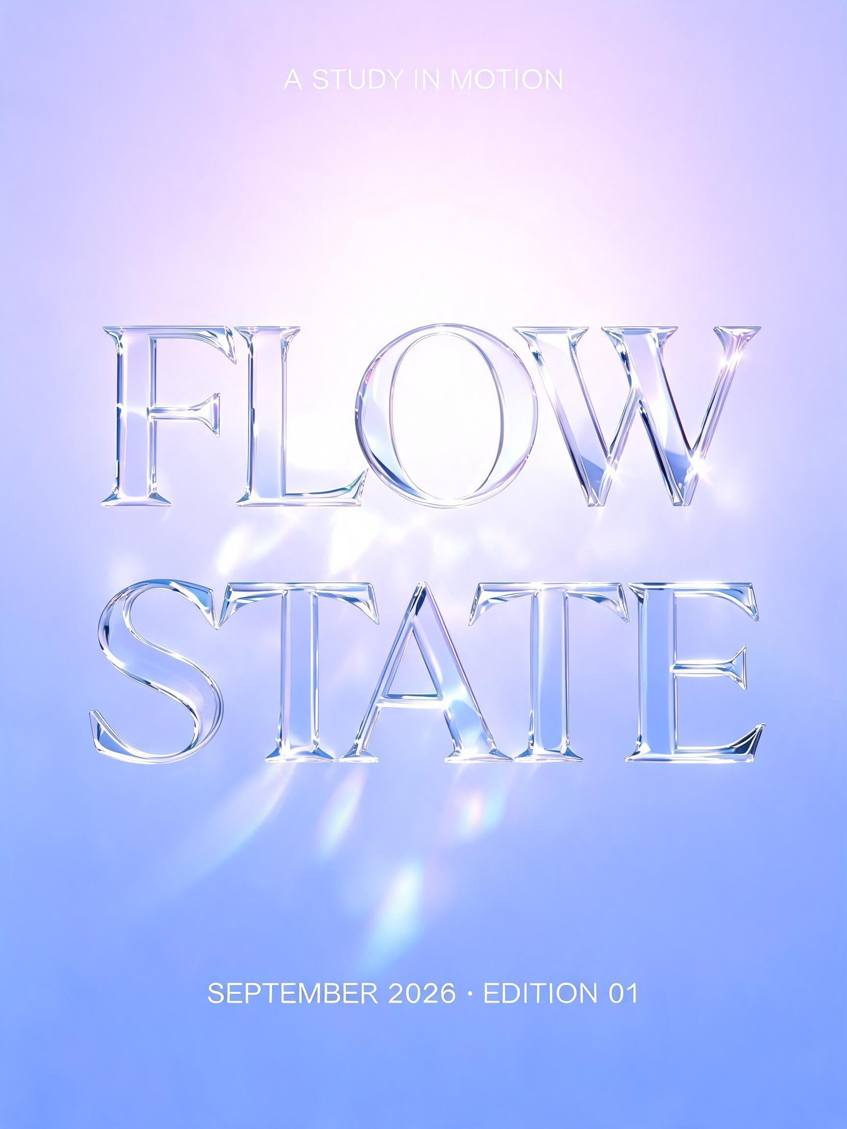 "FLOW
STATE
A STUDY IN MOTION
SEPTEMBER 2026 · EDITION 01" — Glass | AI Text Effect Generator