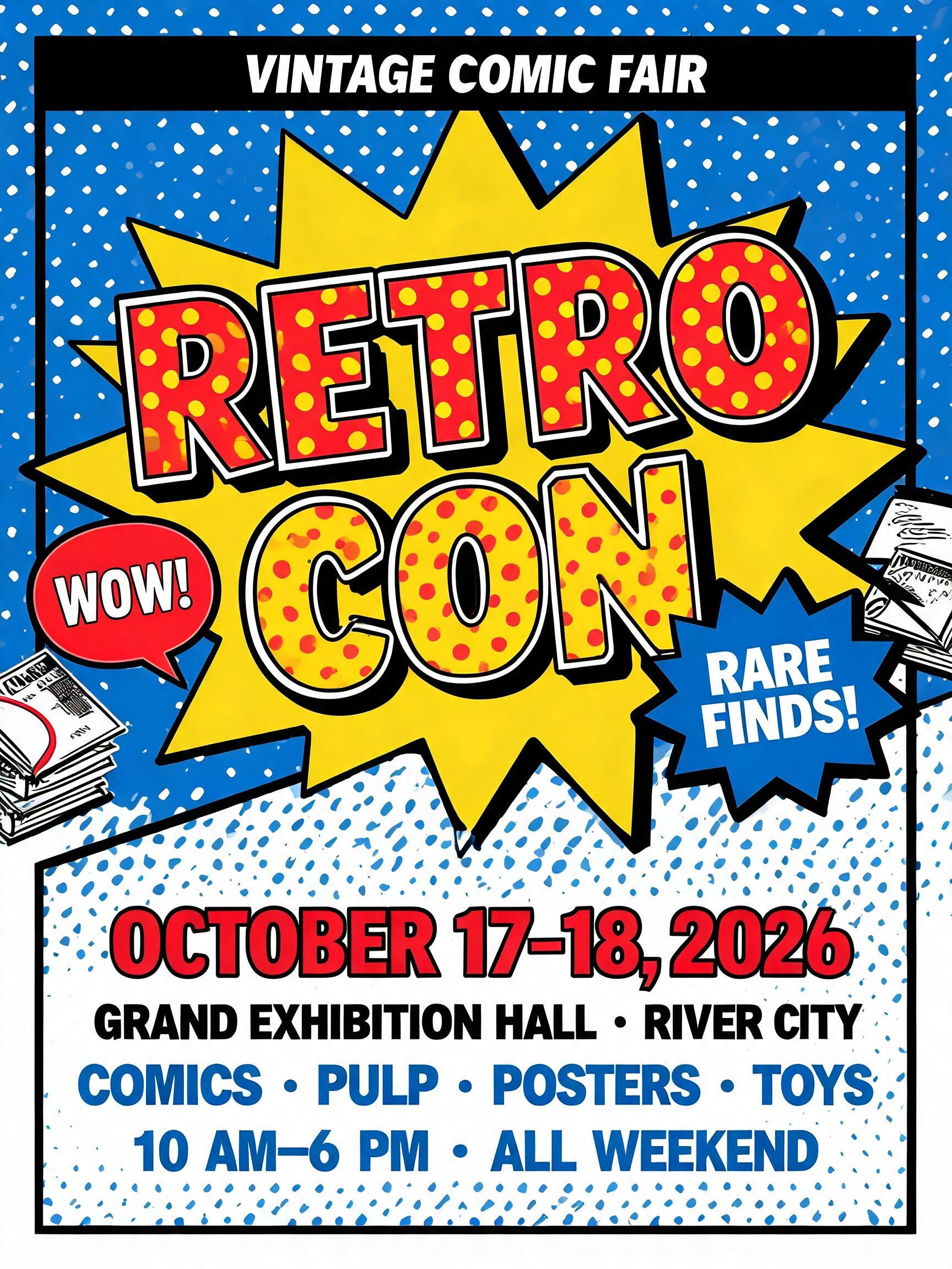 "RETRO CON
VINTAGE COMIC FAIR
OCTOBER 17–18, 2026
GRAND EXHIBITION HALL · RIVER CITY
COMICS · PULP · POSTERS · TOYS
10 AM–6 PM · ALL WEEKEND
WOW!
RARE FINDS!" — Pop Art | AI Text Effect Generator