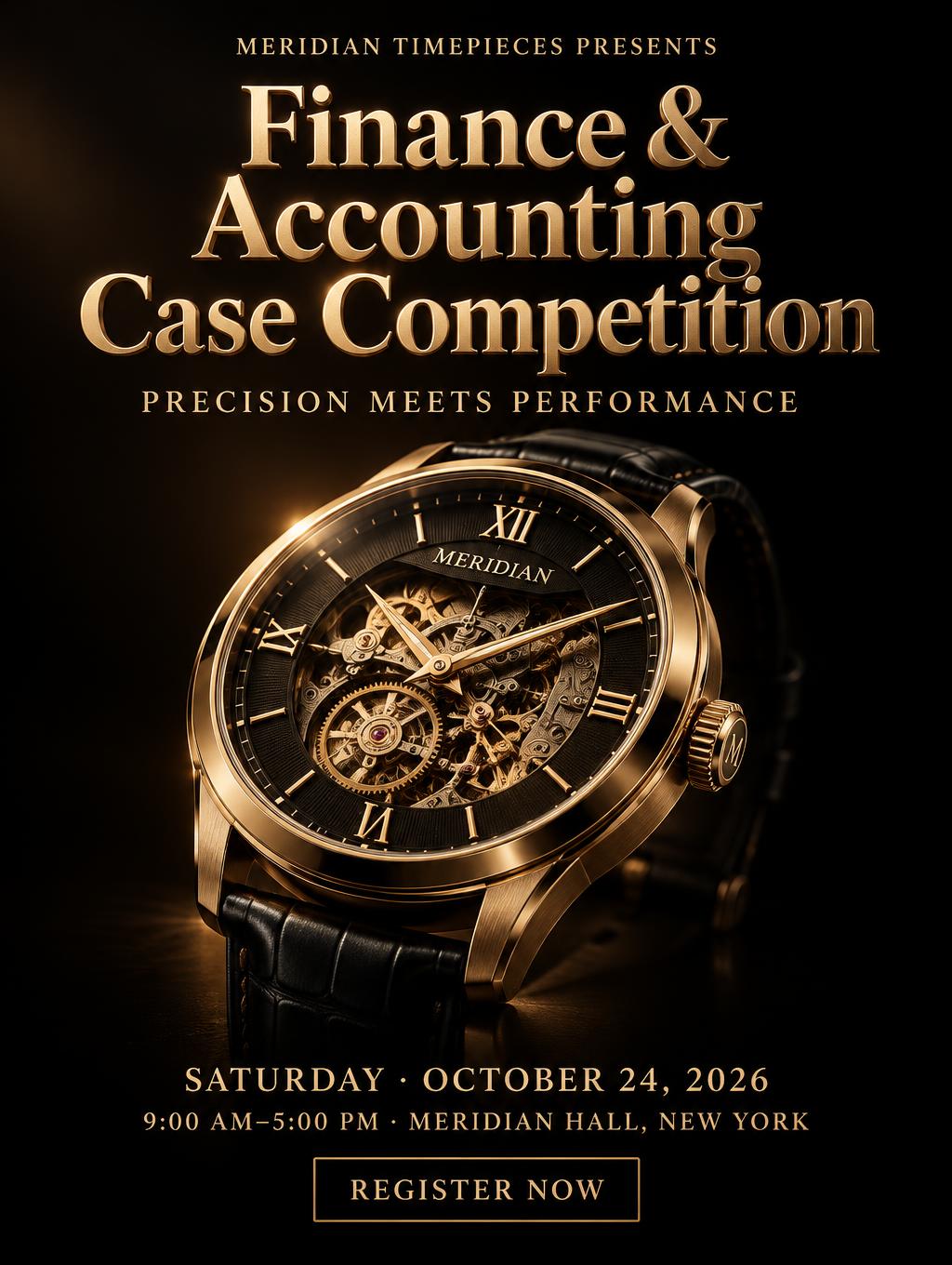 "Finance & Accounting Case Competition
MERIDIAN TIMEPIECES PRESENTS
PRECISION MEETS PERFORMANCE
SATURDAY · OCTOBER 24, 2026
9:00 AM–5:00 PM · MERIDIAN HALL, NEW YORK
REGISTER NOW" — 3d Bold Gold | AI Text Effect Generator