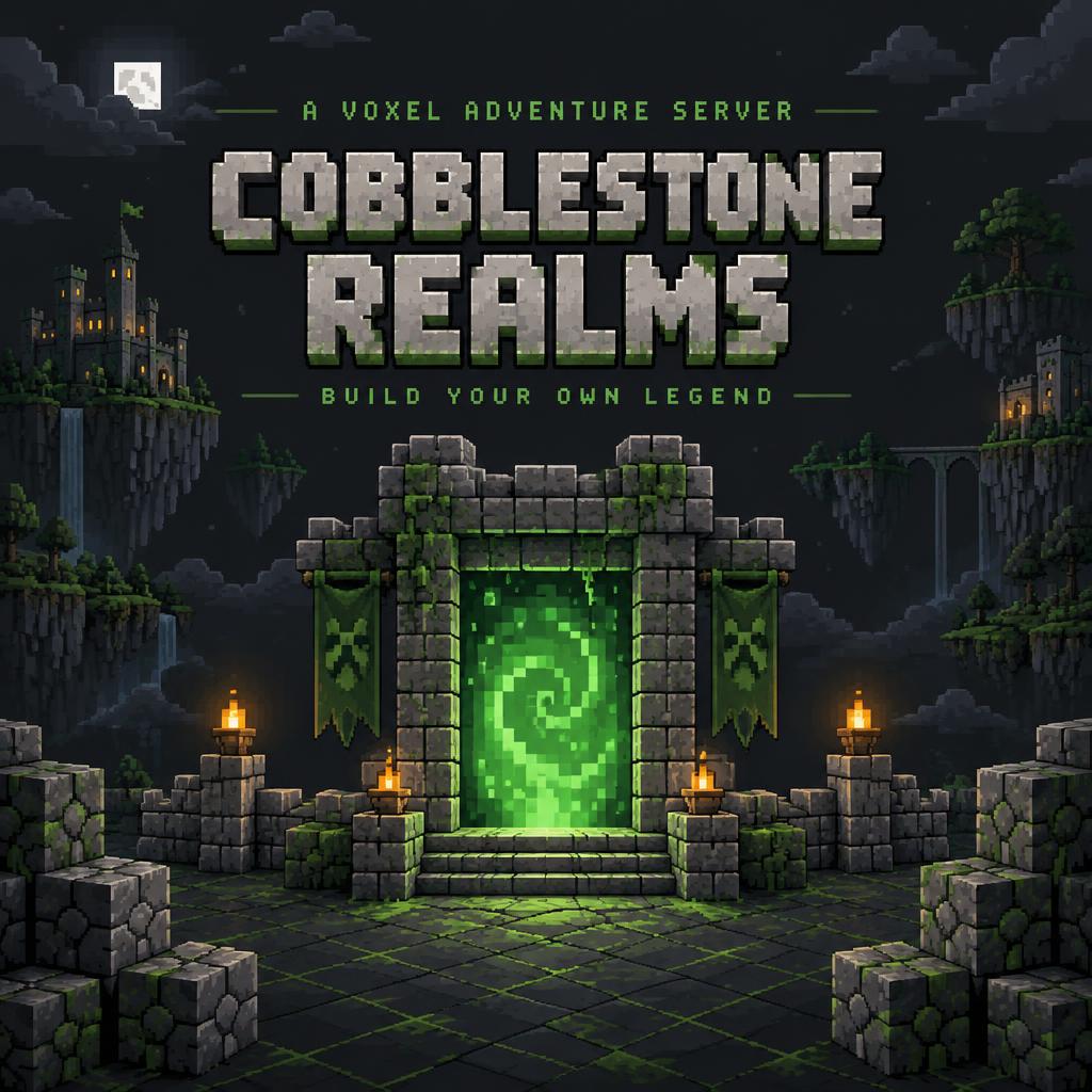 "COBBLESTONE
REALMS
A VOXEL ADVENTURE SERVER
BUILD YOUR OWN LEGEND" — Pixel Art | AI Text Effect Generator
