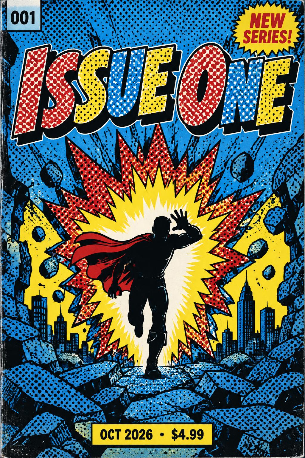"ISSUE ONE
001
NEW SERIES!
OCT 2026  •  $4.99" — Pop Art | AI Text Effect Generator
