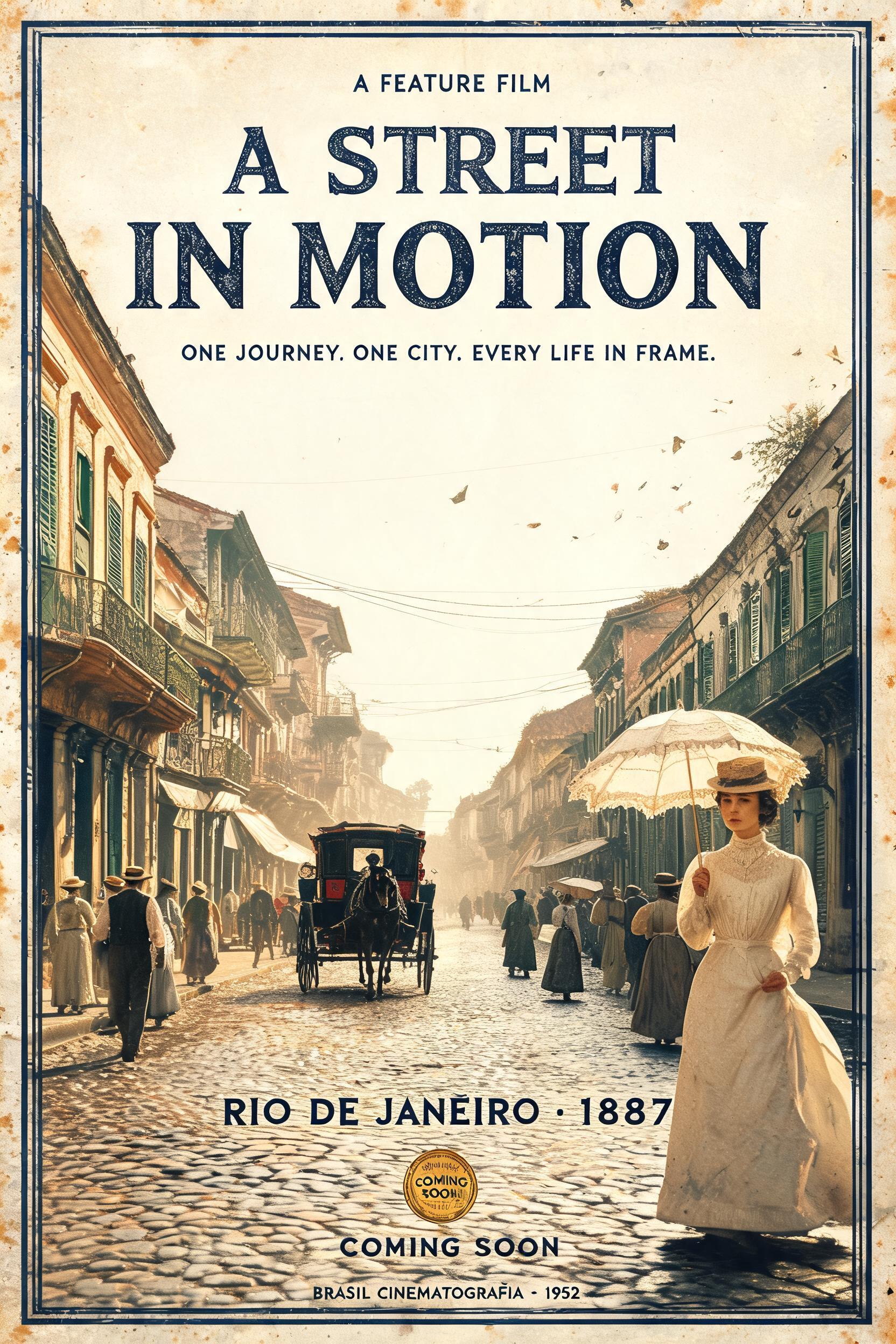 "A FEATURE FILM
A STREET
IN MOTION
ONE JOURNEY. ONE CITY. EVERY LIFE IN FRAME.
RIO DE JANEIRO · 1887
COMING SOON
A FONTVIBE PICTURES PRODUCTION" — Vintage text effect