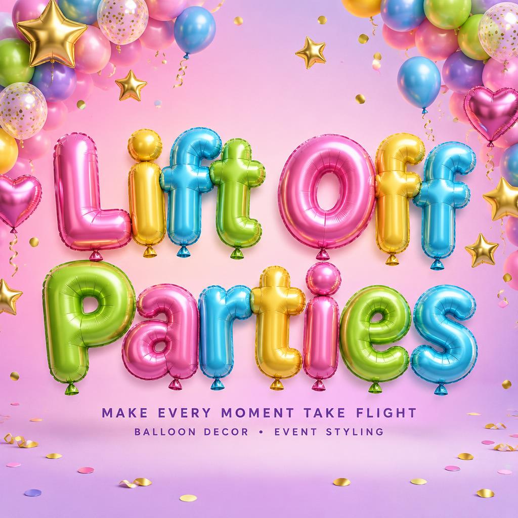 "Lift Off Parties
MAKE EVERY MOMENT TAKE FLIGHT
BALLOON DECOR • EVENT STYLING" — Y2k Bubbly | AI Text Effect Generator
