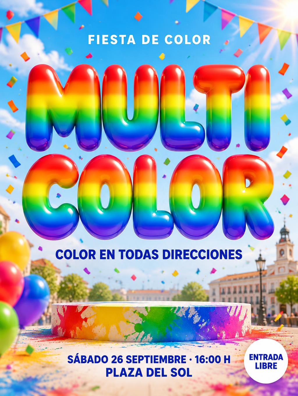 "FIESTA DE COLOR
MULTI
COLOR
COLOR EN TODAS DIRECCIONES
SÁBADO 26 SEPTIEMBRE · 16:00 H
PLAZA DEL SOL
ENTRADA LIBRE" — Rainbow | AI Text Effect Generator