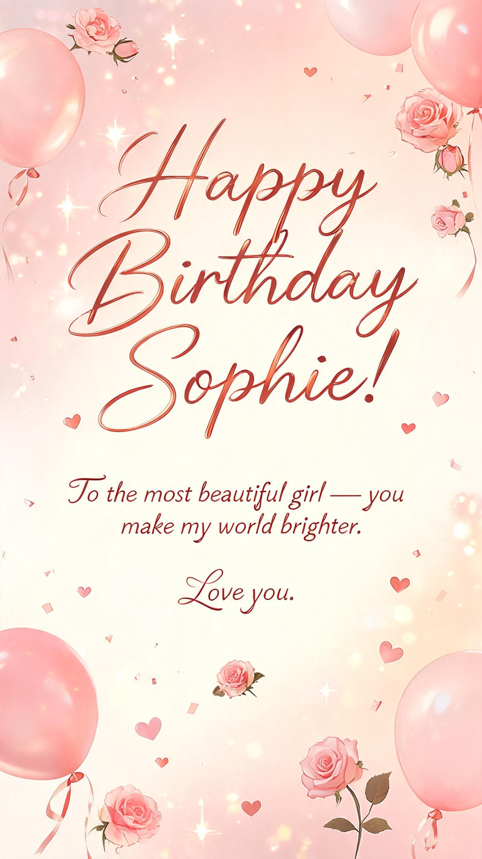 "Happy Birthday Sophie!
To the most beautiful girl — you make my world brighter. Love you." — Birthday | AI Text Effect Generator