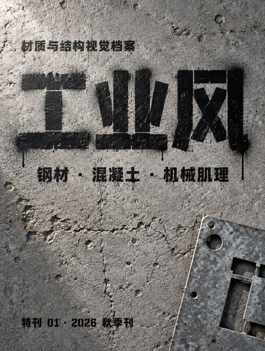 "工业风
材质与结构视觉档案
钢材 · 混凝土 · 机械肌理
特刊 01 · 2026 秋季刊" — Stencil | AI Text Effect Generator