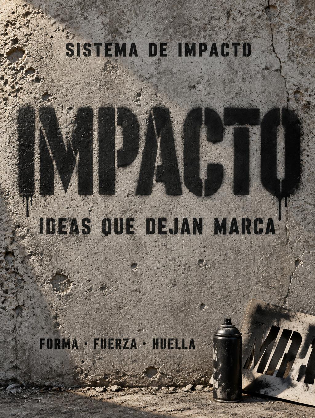 "IMPACTO
IDEAS QUE DEJAN MARCA
SISTEMA DE IMPACTO
FORMA · FUERZA · HUELLA" — Stencil text effect