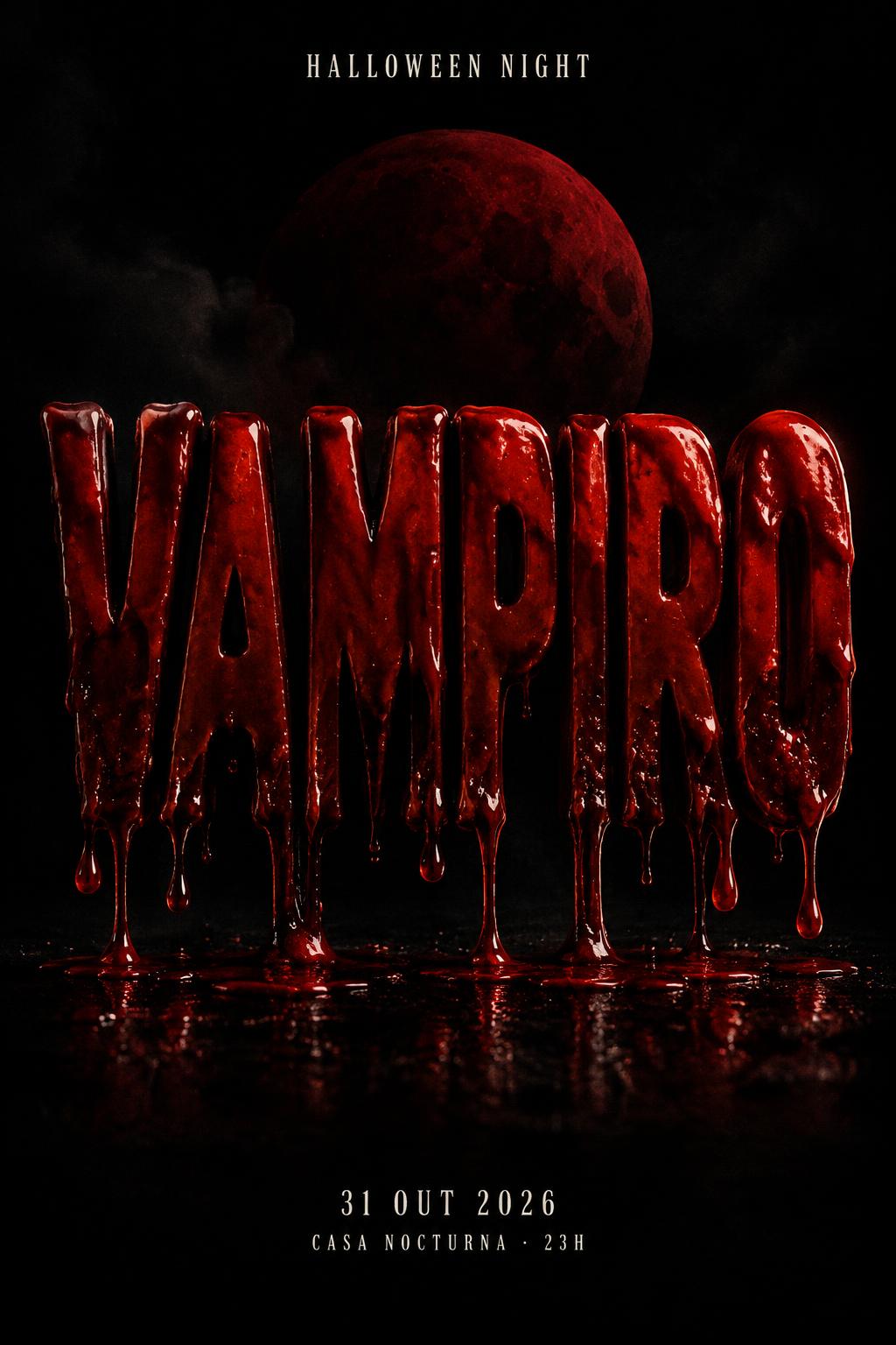 "VAMPIRO
HALLOWEEN NIGHT
31 OUT 2026
CASA NOCTURNA · 23H" — Drip Font Blood | AI Text Effect Generator