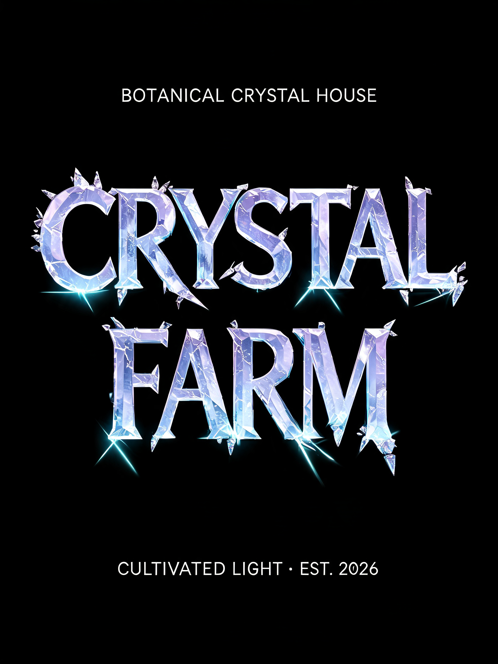 "CRYSTAL
FARM
BOTANICAL CRYSTAL HOUSE
CULTIVATED LIGHT · EST. 2026" — Glass | AI Text Effect Generator