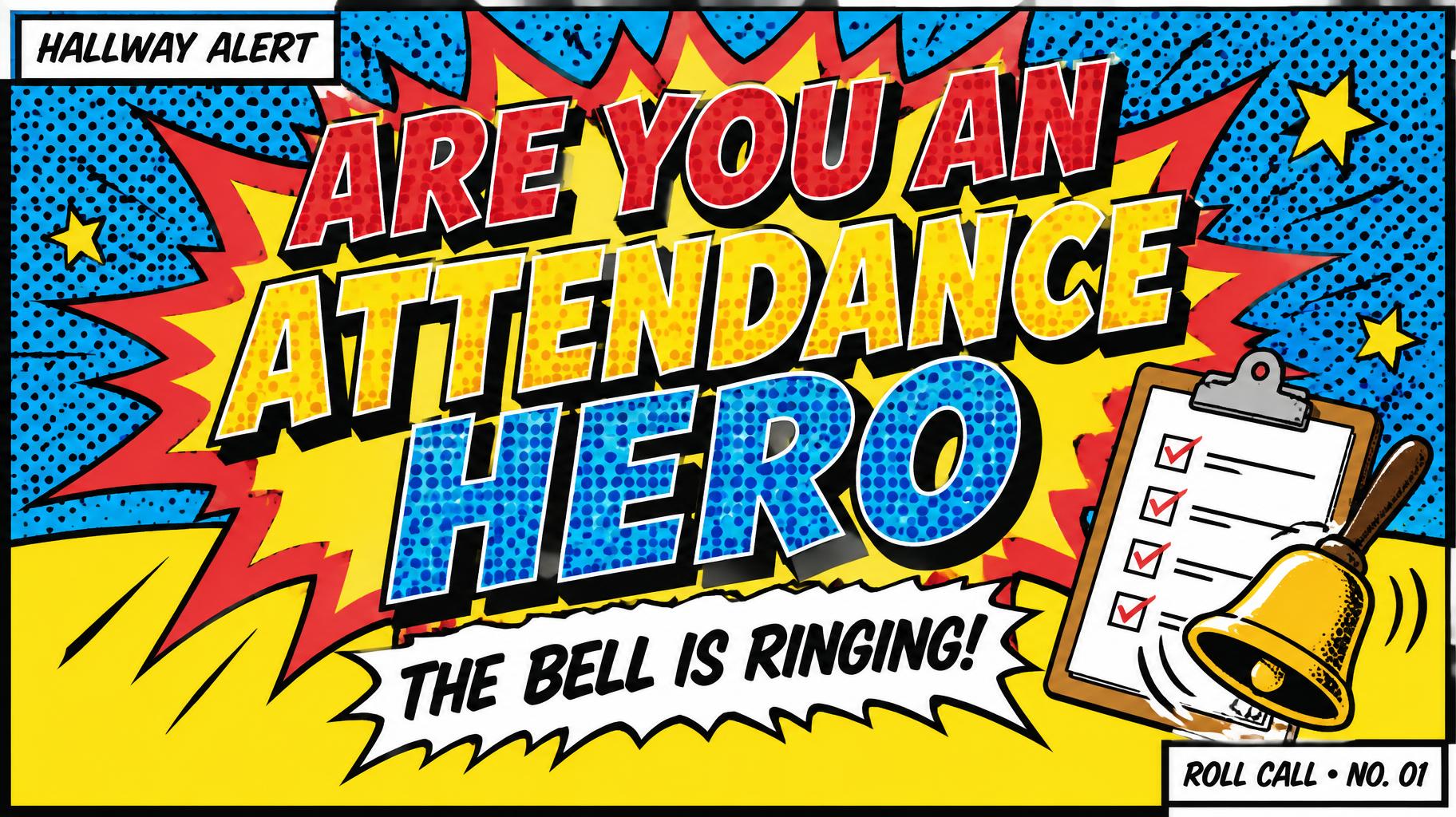 "ARE YOU AN ATTENDANCE HERO
HALLWAY ALERT
THE BELL IS RINGING!
ROLL CALL • NO. 01" — Pop Art | AI Text Effect Generator
