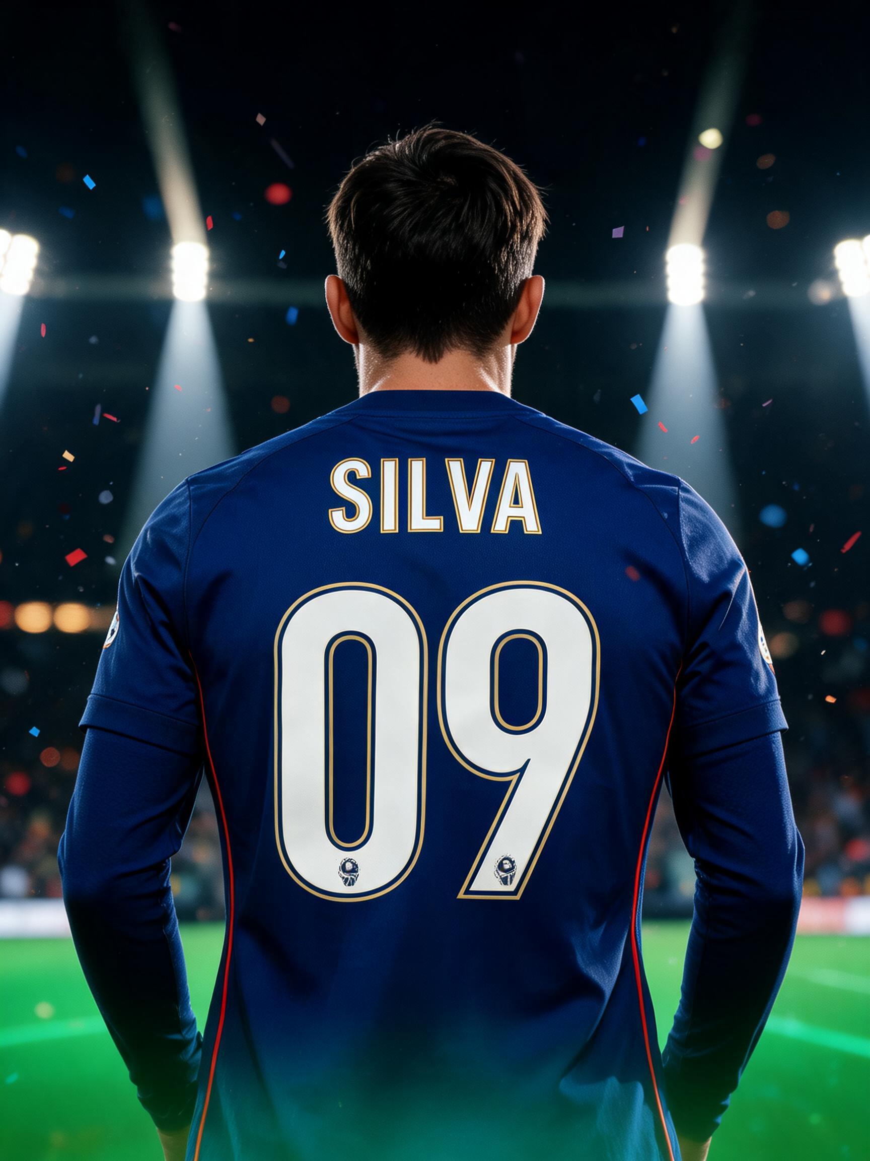 "Make me football jersey lettering that says SILVA 09 across the back" — Sports Football | AI Text Effect Generator