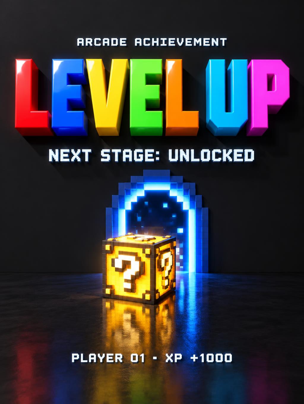"LEVEL UP
ARCADE ACHIEVEMENT
NEXT STAGE: UNLOCKED
PLAYER 01 · XP +1000" — 3d bold text effect