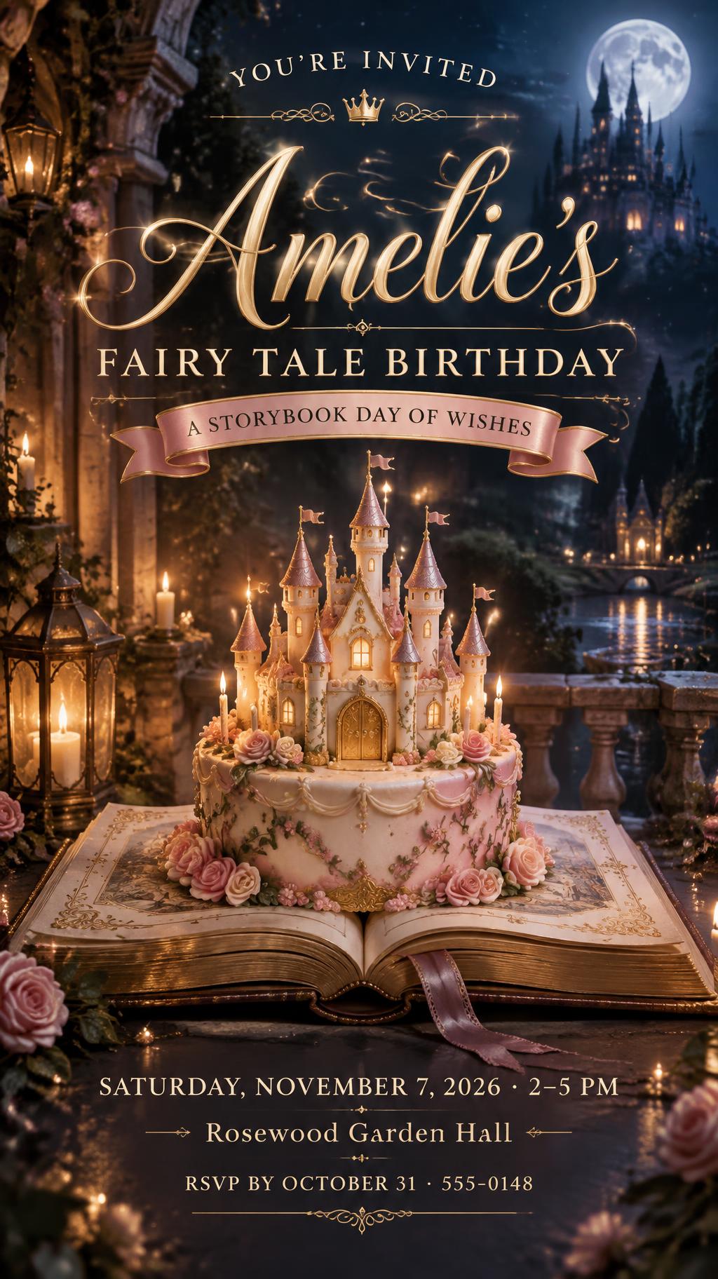 "Amelie's
FAIRY TALE BIRTHDAY
YOU'RE INVITED
A STORYBOOK DAY OF WISHES
SATURDAY, NOVEMBER 7, 2026 · 2–5 PM
Rosewood Garden Hall
RSVP BY OCTOBER 31 · 555-0148" — fairy tale text effect
