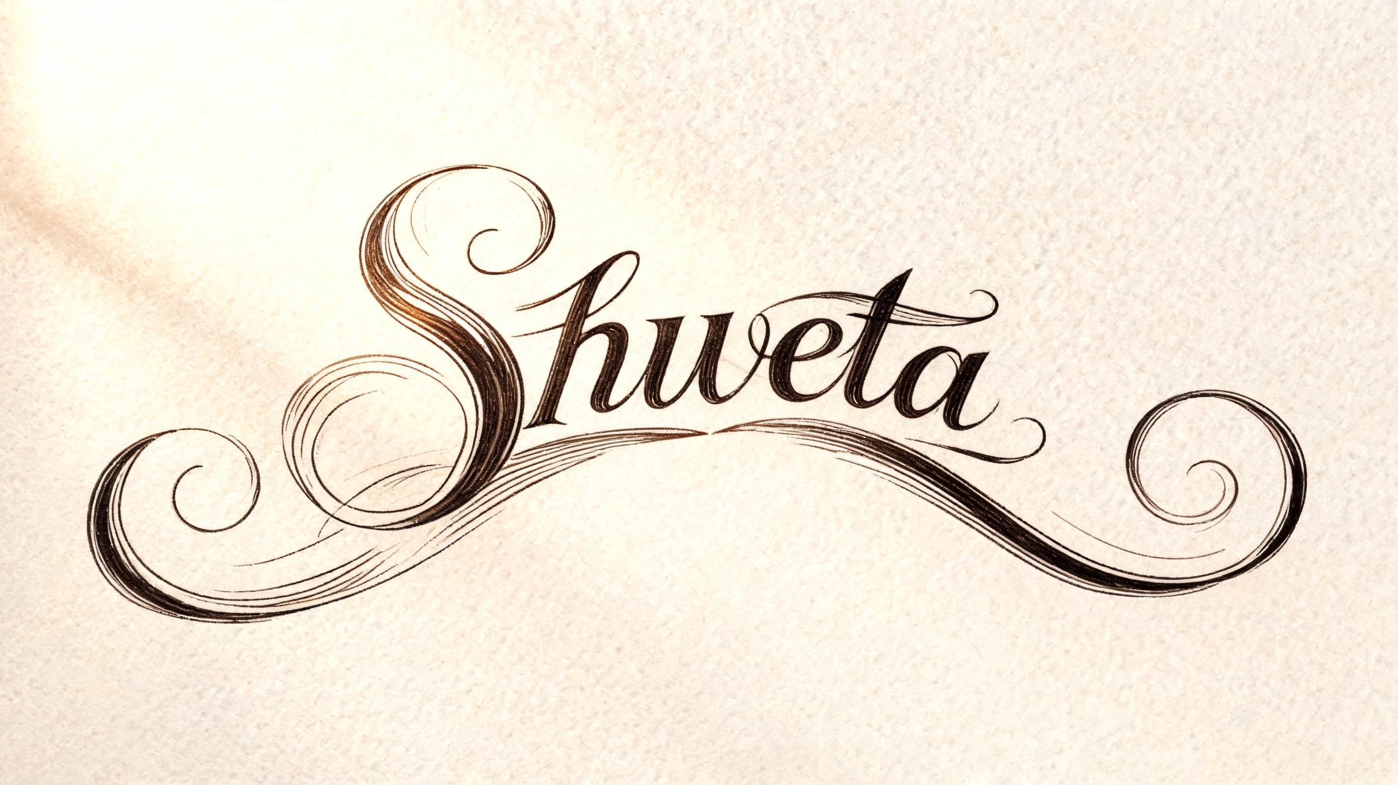 "“Write exactly ‘Shweta’ in the same ornate, flourished cursive lettering as the reference. Preserve the thick-and-thin strokes, elongated loops and dramatic swashes. Make the capital S extremely large and dramatic. Black ink on a plain white backgrou" — Cursive | AI Text Effect Generator