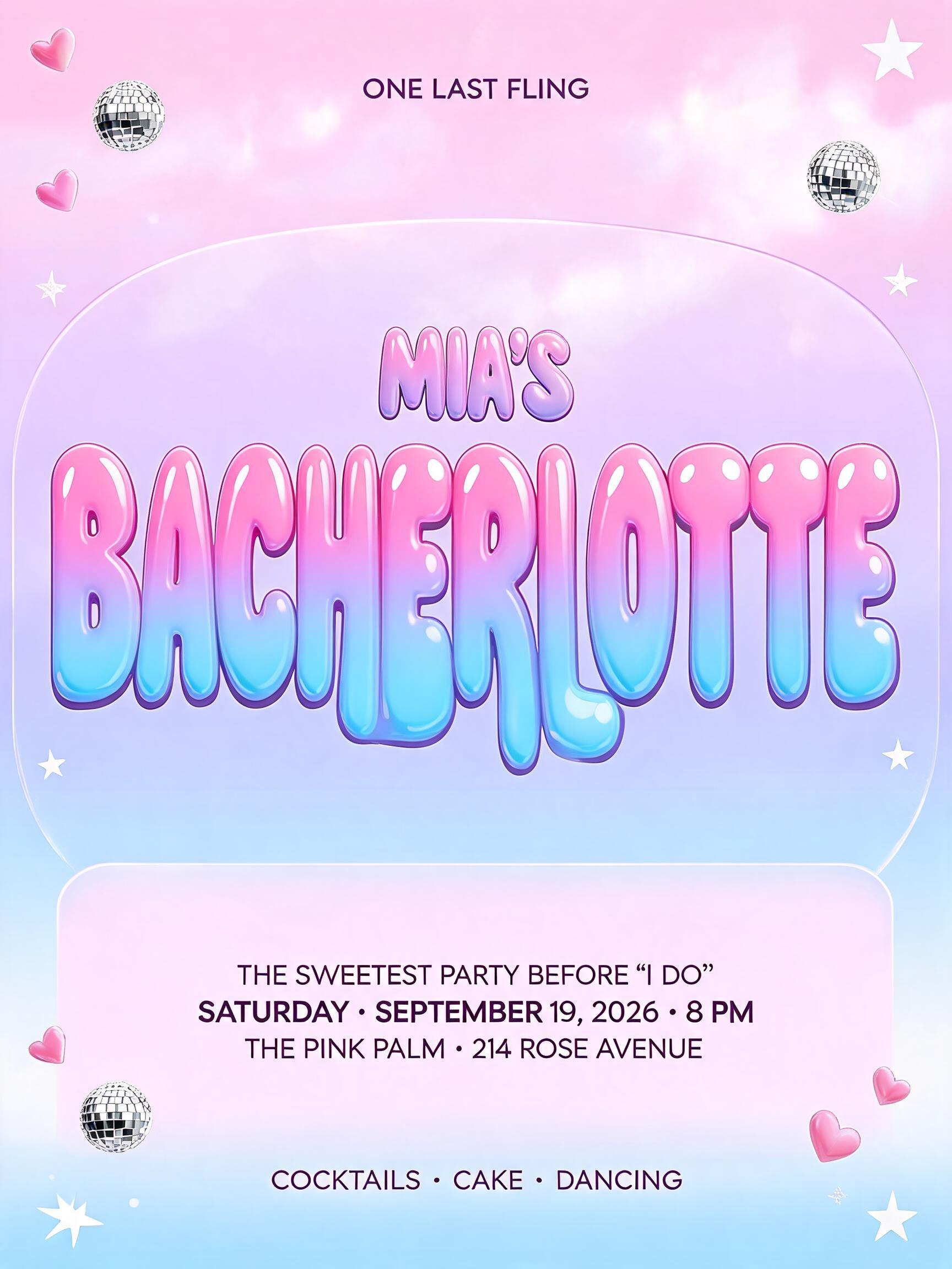 "ONE LAST FLING
MIA’S BACHERLOTTE
THE SWEETEST PARTY BEFORE ‘I DO’
SATURDAY · SEPTEMBER 19, 2026 · 8 PM
THE PINK PALM · 214 ROSE AVENUE
COCKTAILS · CAKE · DANCING" — Y2k Bubbly | AI Text Effect Generator