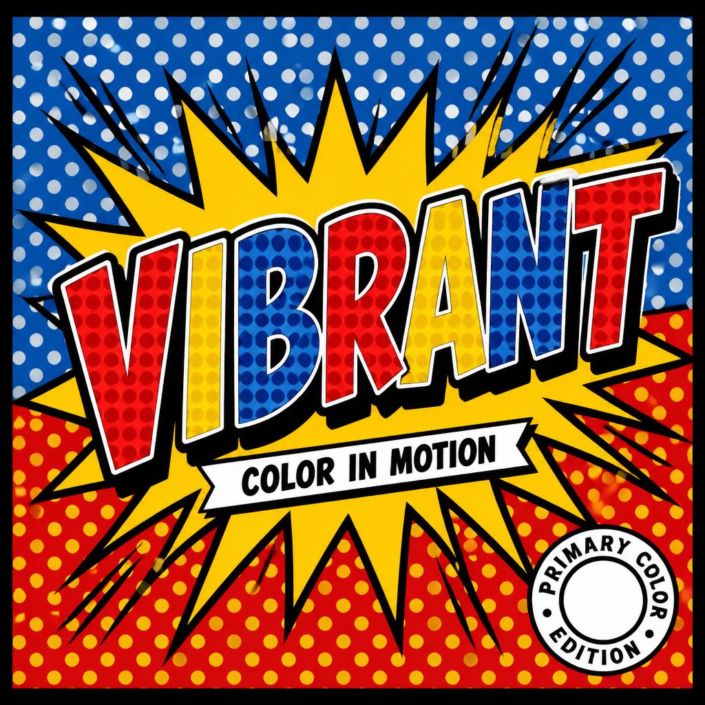 "VIBRANT
COLOR IN MOTION
PRIMARY COLOR EDITION" — Pop Art text effect