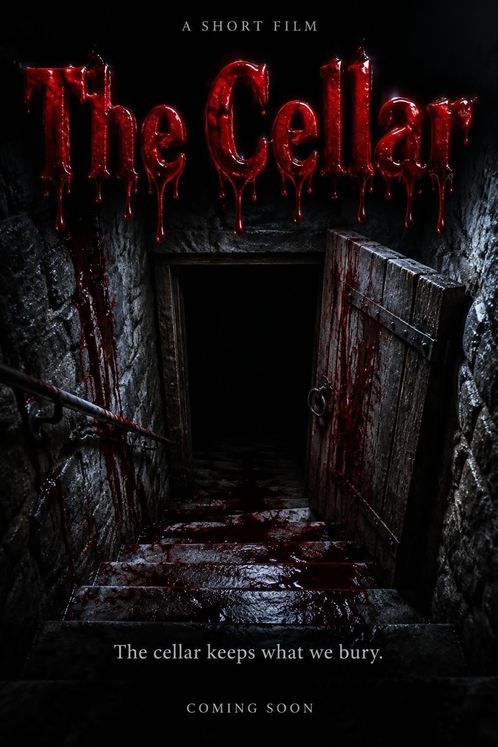 "The Cellar
A SHORT FILM
The cellar keeps what we bury.
COMING SOON" — Drip Font Blood | AI Text Effect Generator