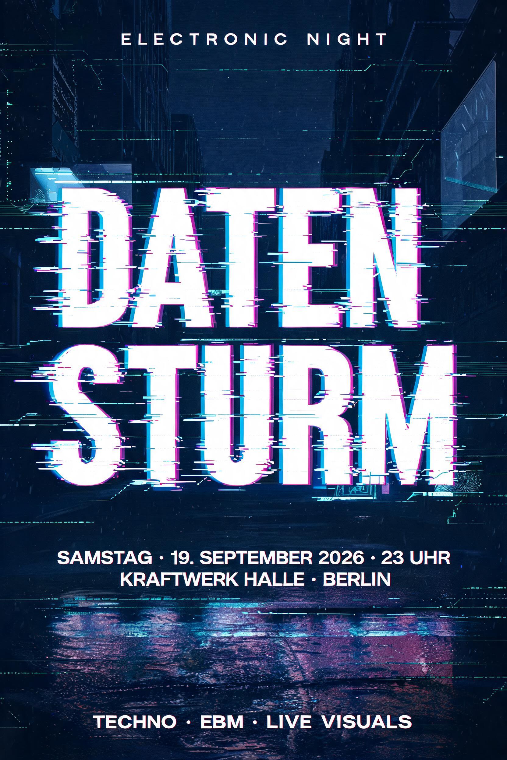 ELECTRONIC NIGHT
DATEN
STURM
SAMSTAG · 19. SEPTEMBER 2026 · 23 UHR
KRAFTWERK HALLE · BERLIN
TECHNO · EBM · LIVE VISUALS