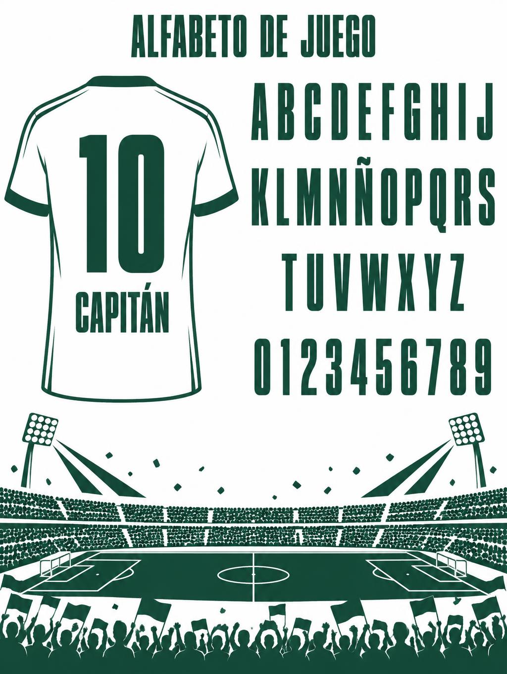 "ALFABETO DE JUEGO
10
CAPITÁN
ABCDEFGHIJ
KLMNÑOPQRS
TUVWXYZ
0123456789" — Sports Football | AI Text Effect Generator