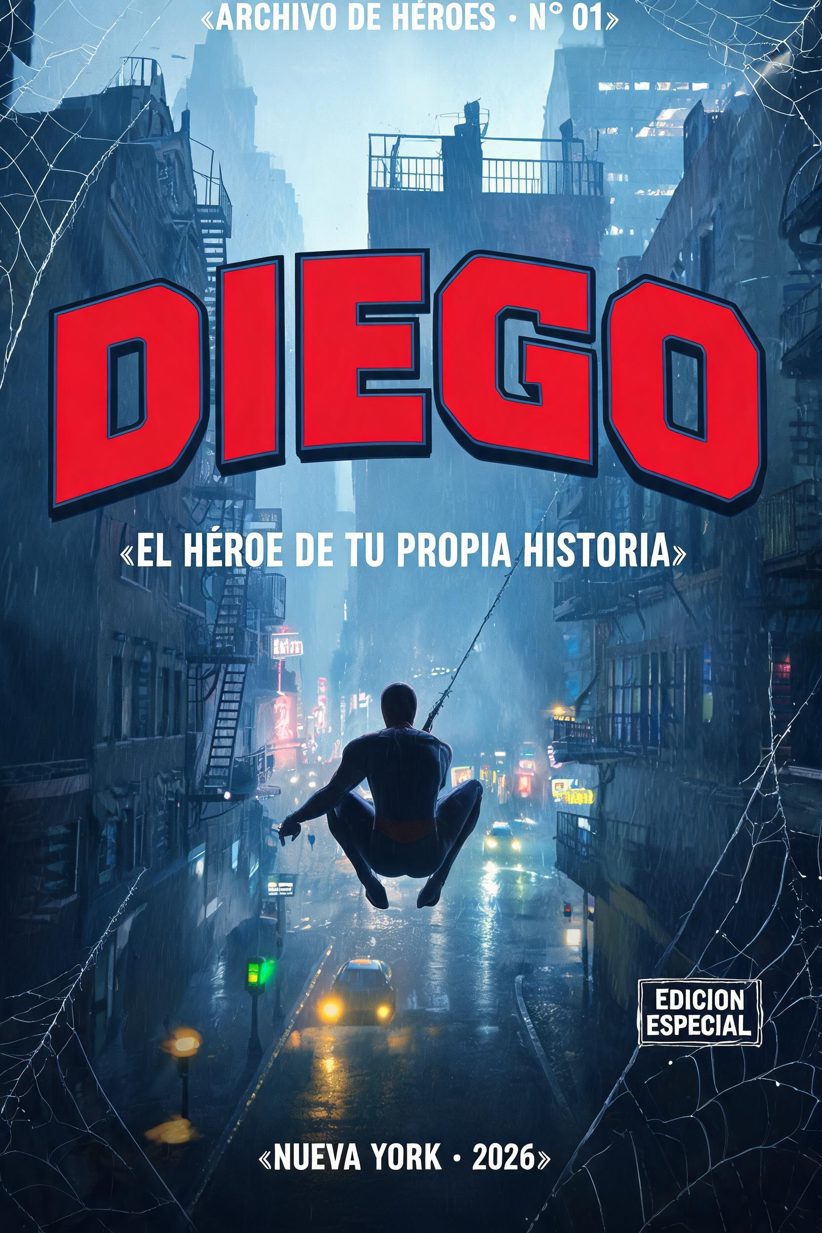 "DIEGO
EL HÉROE DE TU PROPIA HISTORIA
ARCHIVO DE HÉROES · N.º 01
NUEVA YORK · 2026
EDICIÓN ESPECIAL" — Spider Hero | AI Text Effect Generator