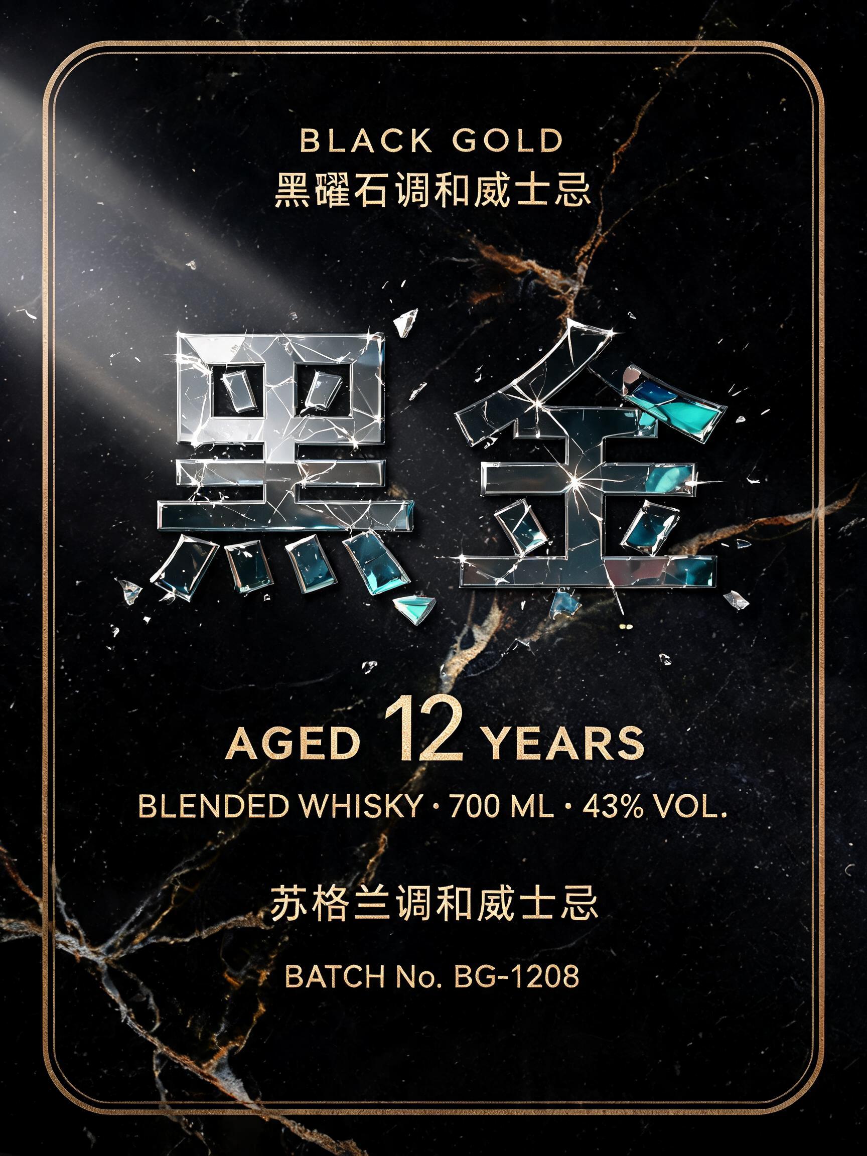 "黑金
BLACK GOLD
黑曜石调和威士忌
AGED 12 YEARS
BLENDED WHISKY · 700 ML · 43% VOL.
苏格兰调和威士忌
BATCH No. BG-1208" — Glass Broken text effect