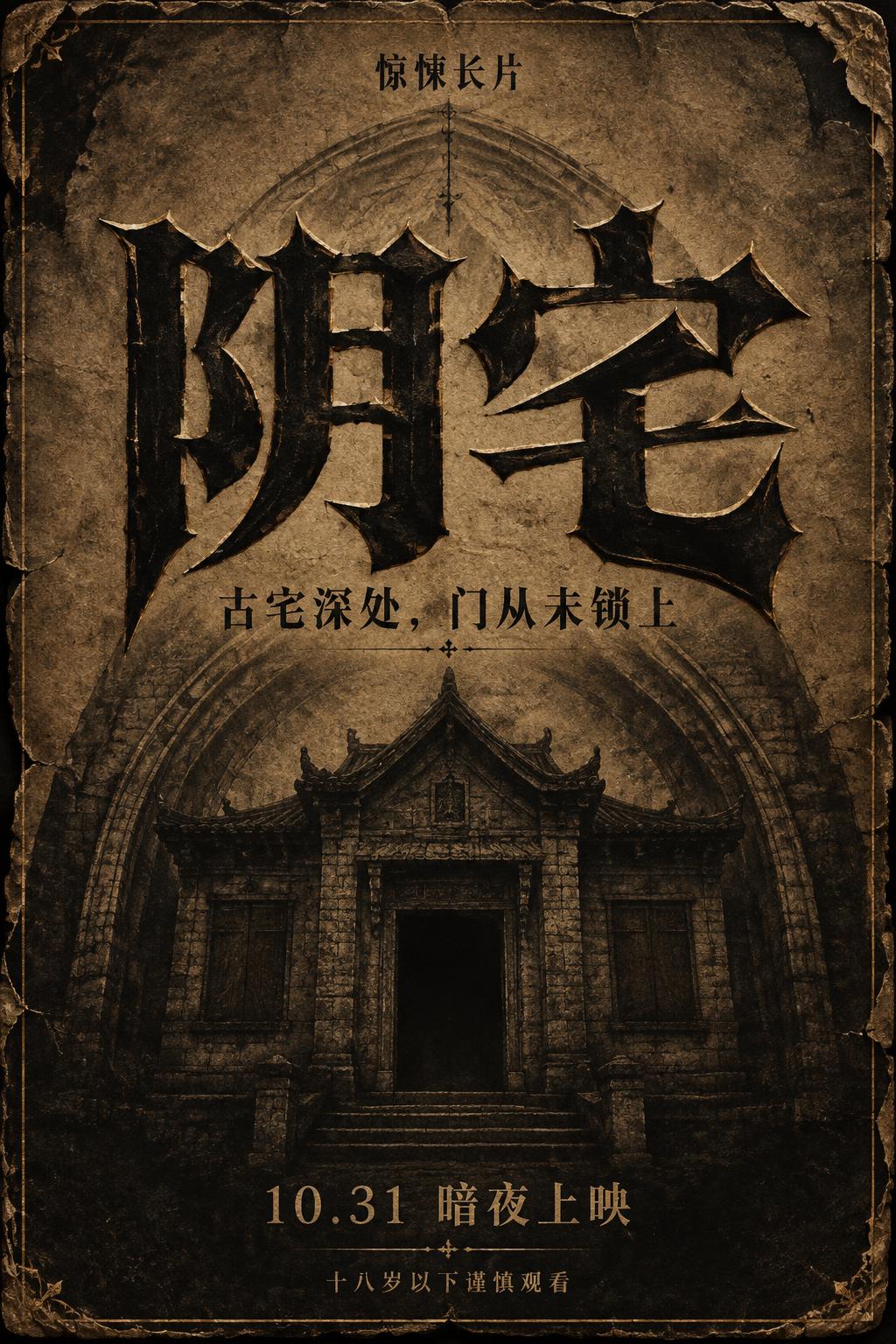"阴宅
古宅深处，门从未锁上
惊悚长片
10.31 暗夜上映
十八岁以下谨慎观看" — Gothic Font | AI Text Effect Generator
