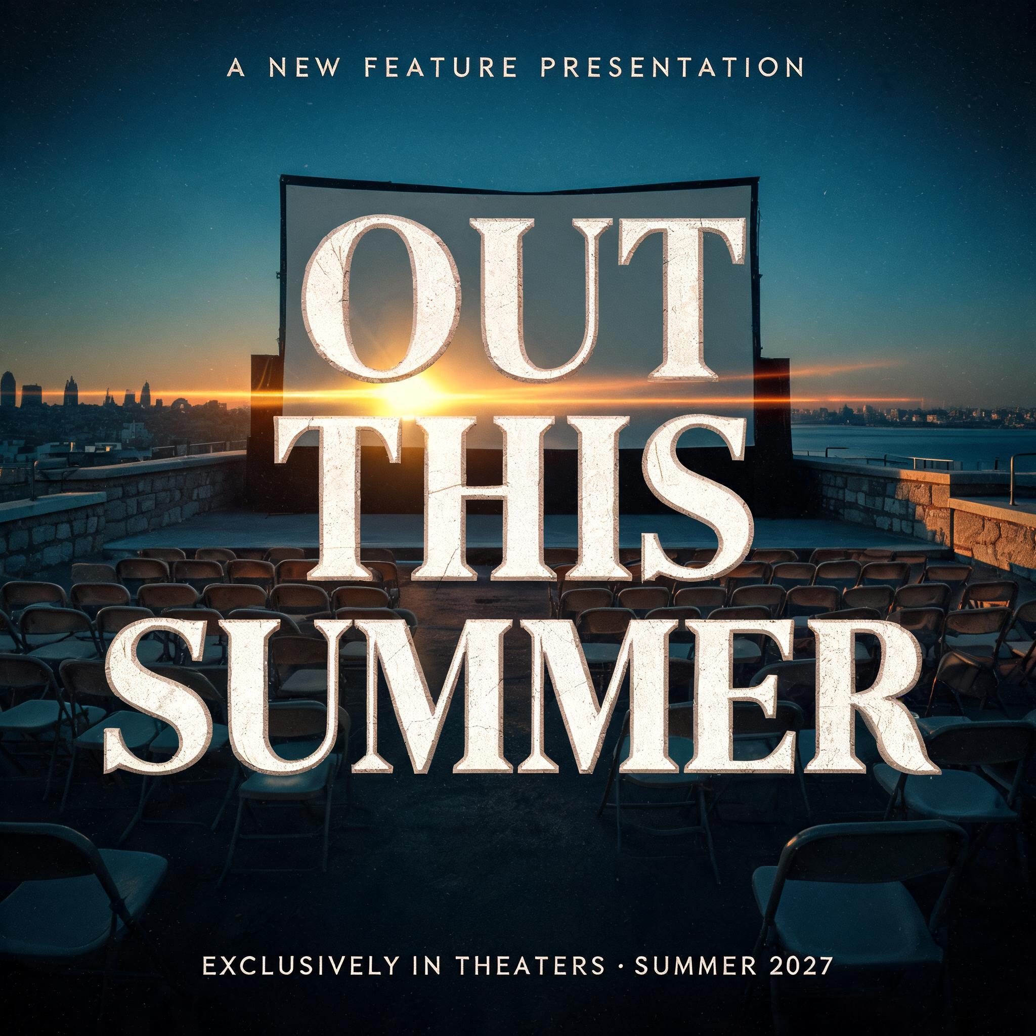 "OUT
THIS
SUMMER
A NEW FEATURE PRESENTATION
EXCLUSIVELY IN THEATERS · SUMMER 2027" — Cinematic | AI Text Effect Generator