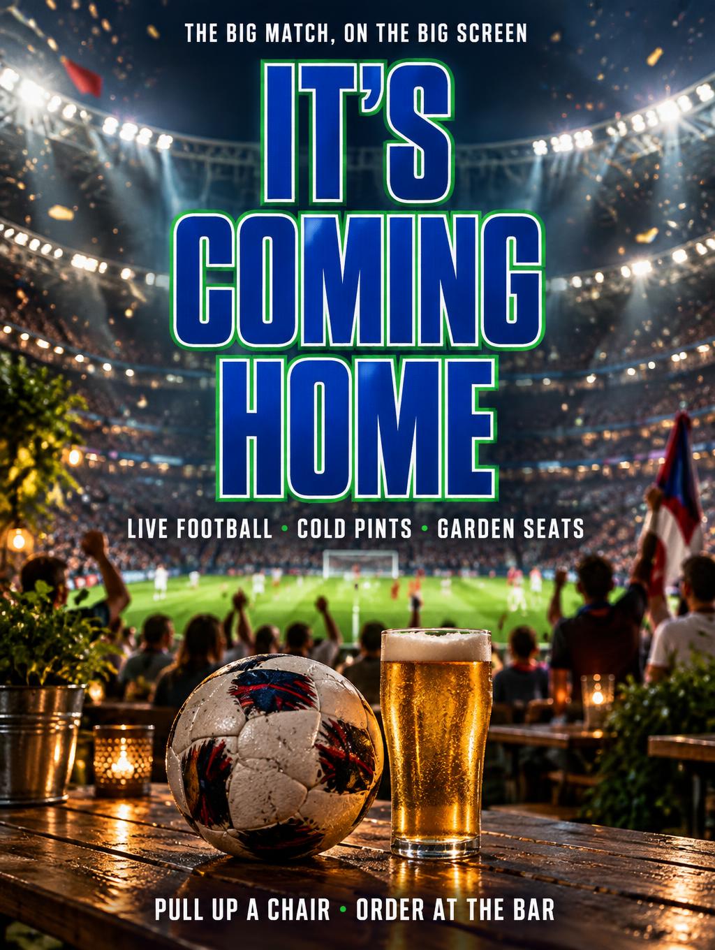 "IT'S COMING HOME
THE BIG MATCH, ON THE BIG SCREEN
LIVE FOOTBALL • COLD PINTS • GARDEN SEATS
PULL UP A CHAIR · ORDER AT THE BAR" — Sports Football | AI Text Effect Generator