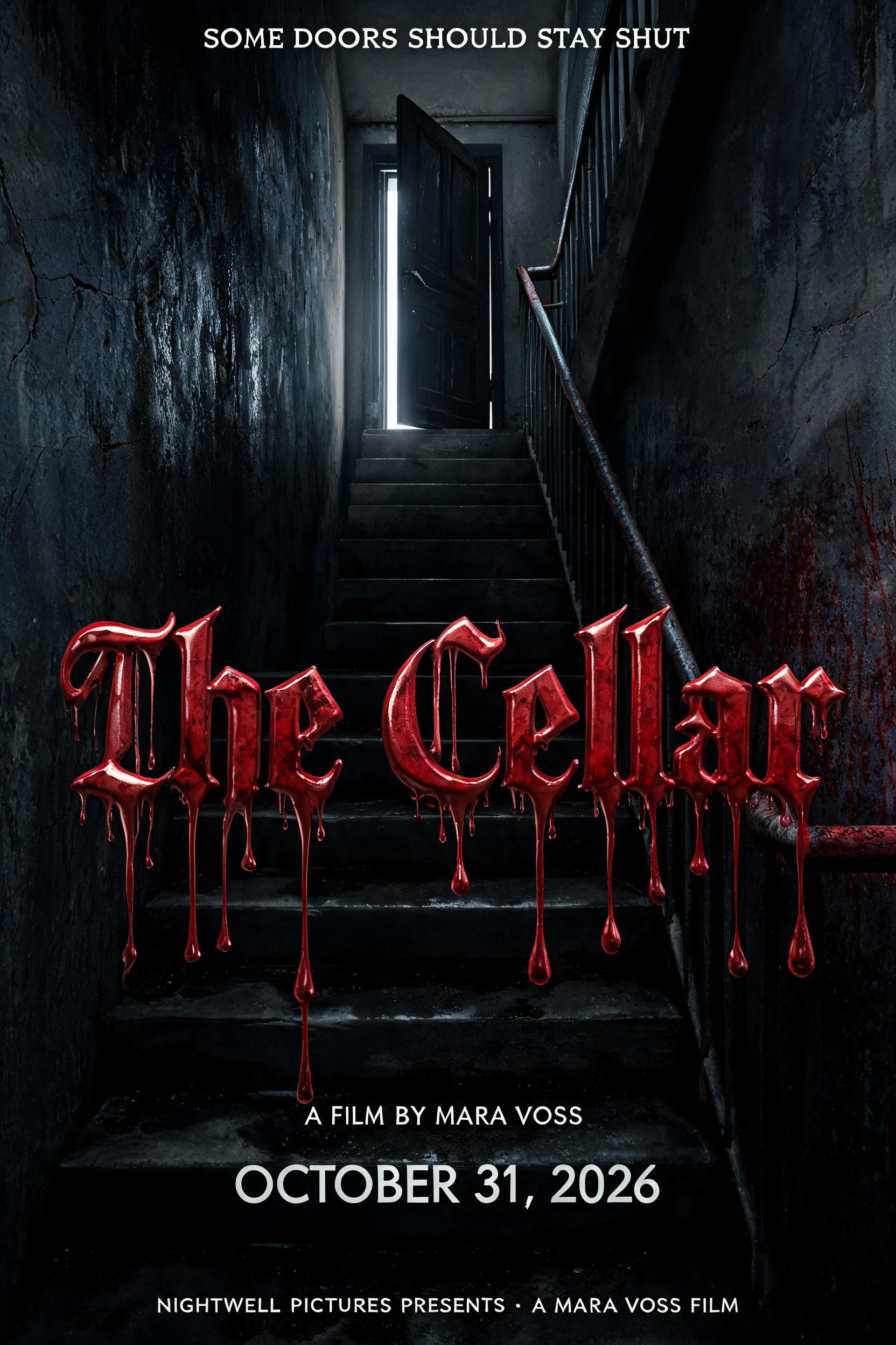 "The Cellar
SOME DOORS SHOULD STAY SHUT
A FILM BY MARA VOSS
OCTOBER 31, 2026
NIGHTWELL PICTURES PRESENTS · A MARA VOSS FILM" — Drip Font Blood | AI Text Effect Generator