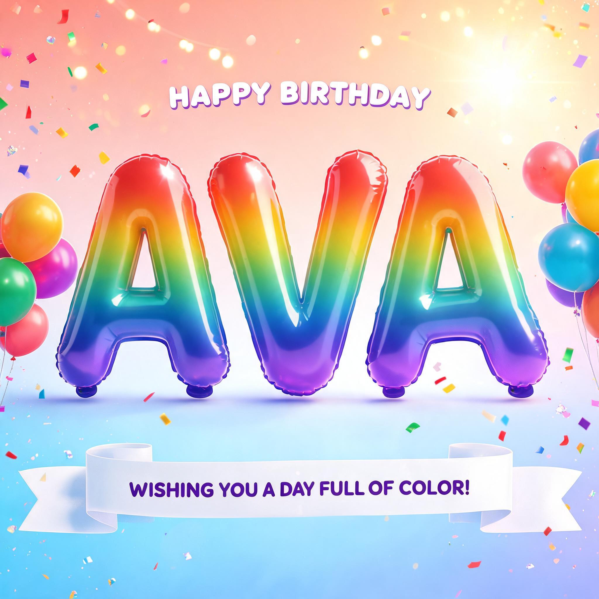 "AVA
HAPPY BIRTHDAY
WISHING YOU A DAY FULL OF COLOR!" — Rainbow text effect