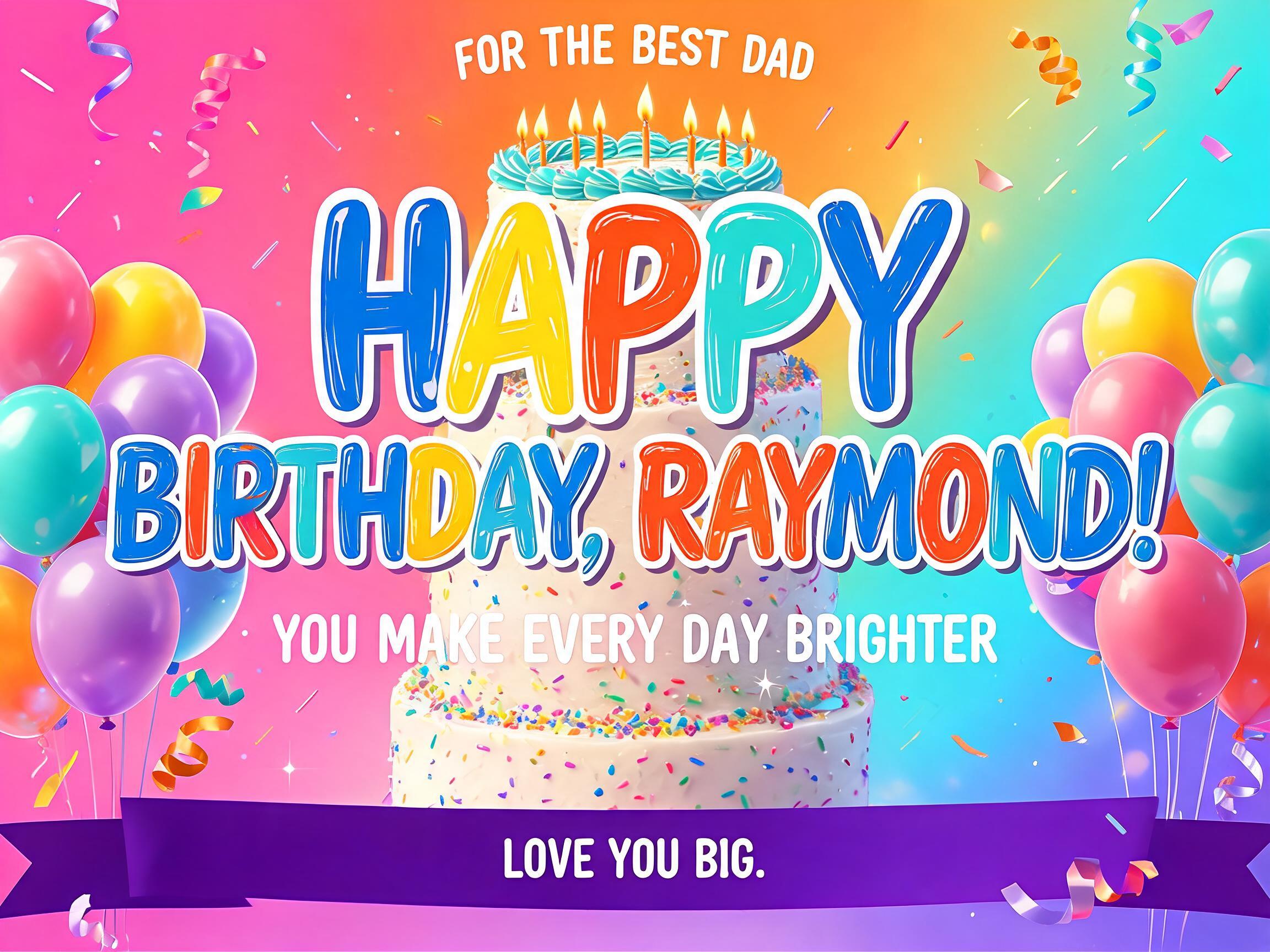 "HAPPY
BIRTHDAY, RAYMOND!
FOR THE BEST DAD
YOU MAKE EVERY DAY BRIGHTER
LOVE YOU BIG." — birthday text effect