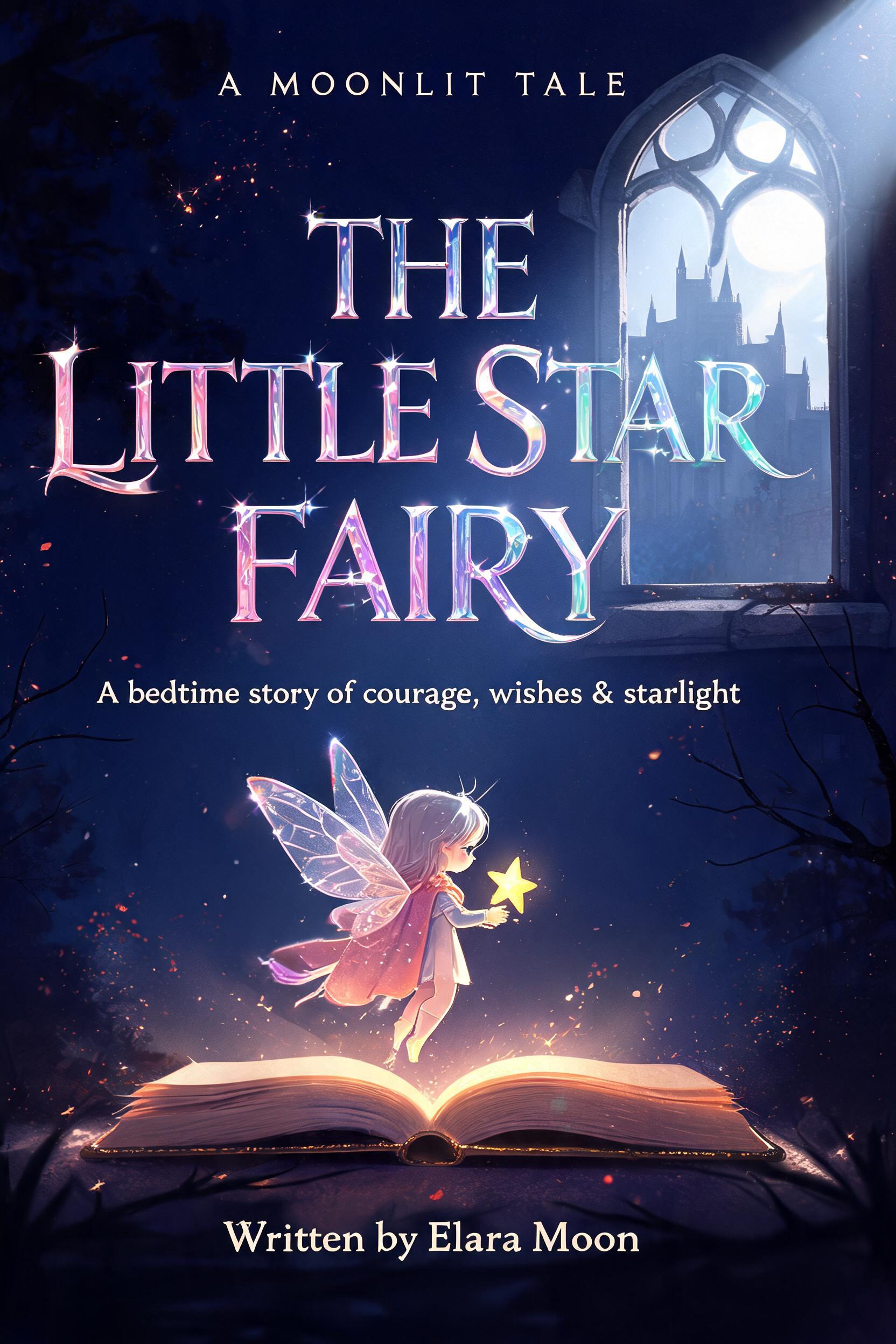 "THE
LITTLE STAR
FAIRY
A MOONLIT TALE
A bedtime story of courage, wishes & starlight
Written by Elara Moon" — Fairy Tale | AI Text Effect Generator