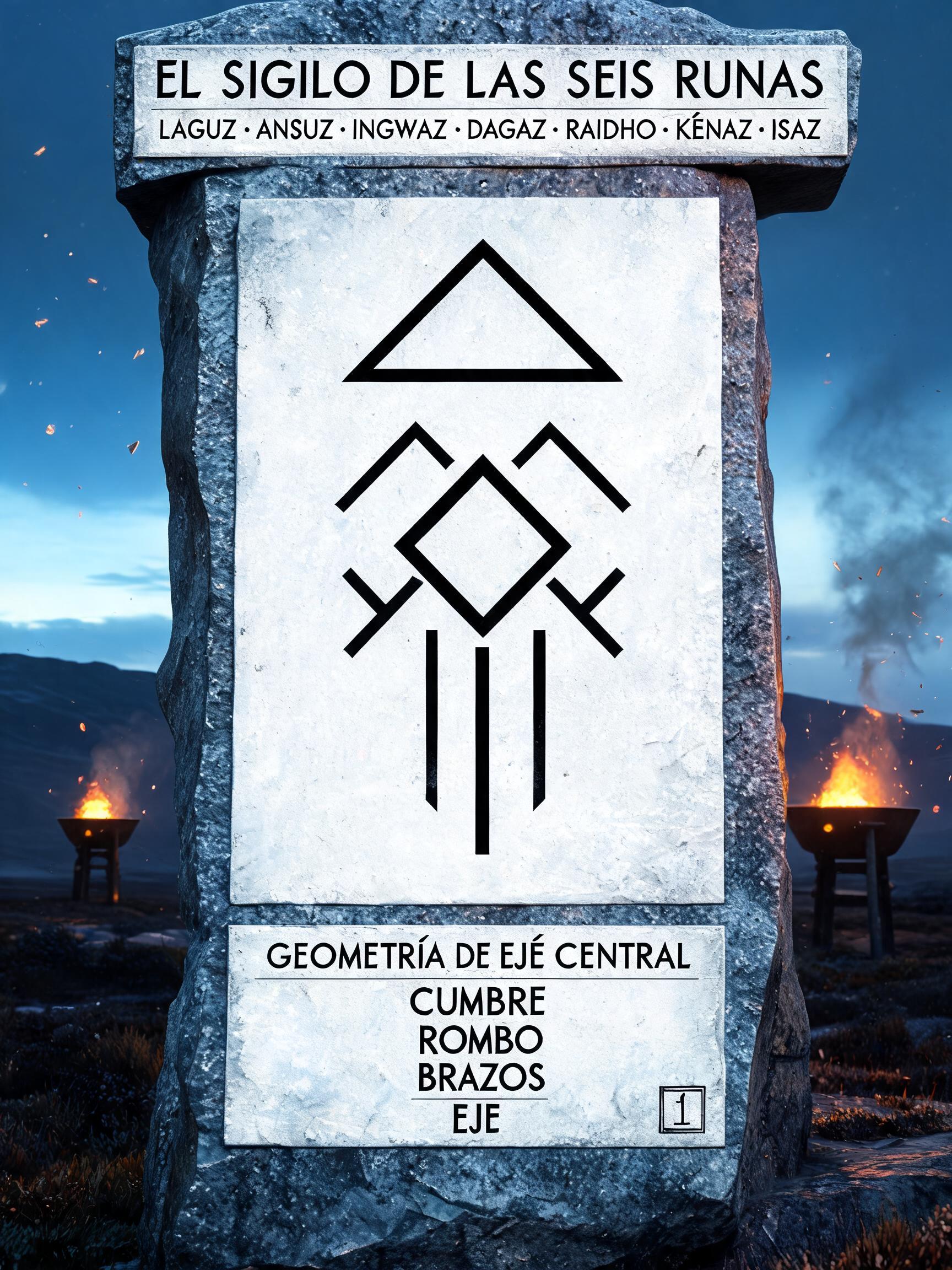 "EL SIGILO DE LAS SEIS RUNAS
LAGUZ · ANSUZ · INGWAZ · DAGAZ · RAIDHO · KENAZ · ISAZ
GEOMETRÍA DE EJE CENTRAL
CUMBRE / ROMBO / BRAZOS / EJE
ᛁ" — Viking text effect