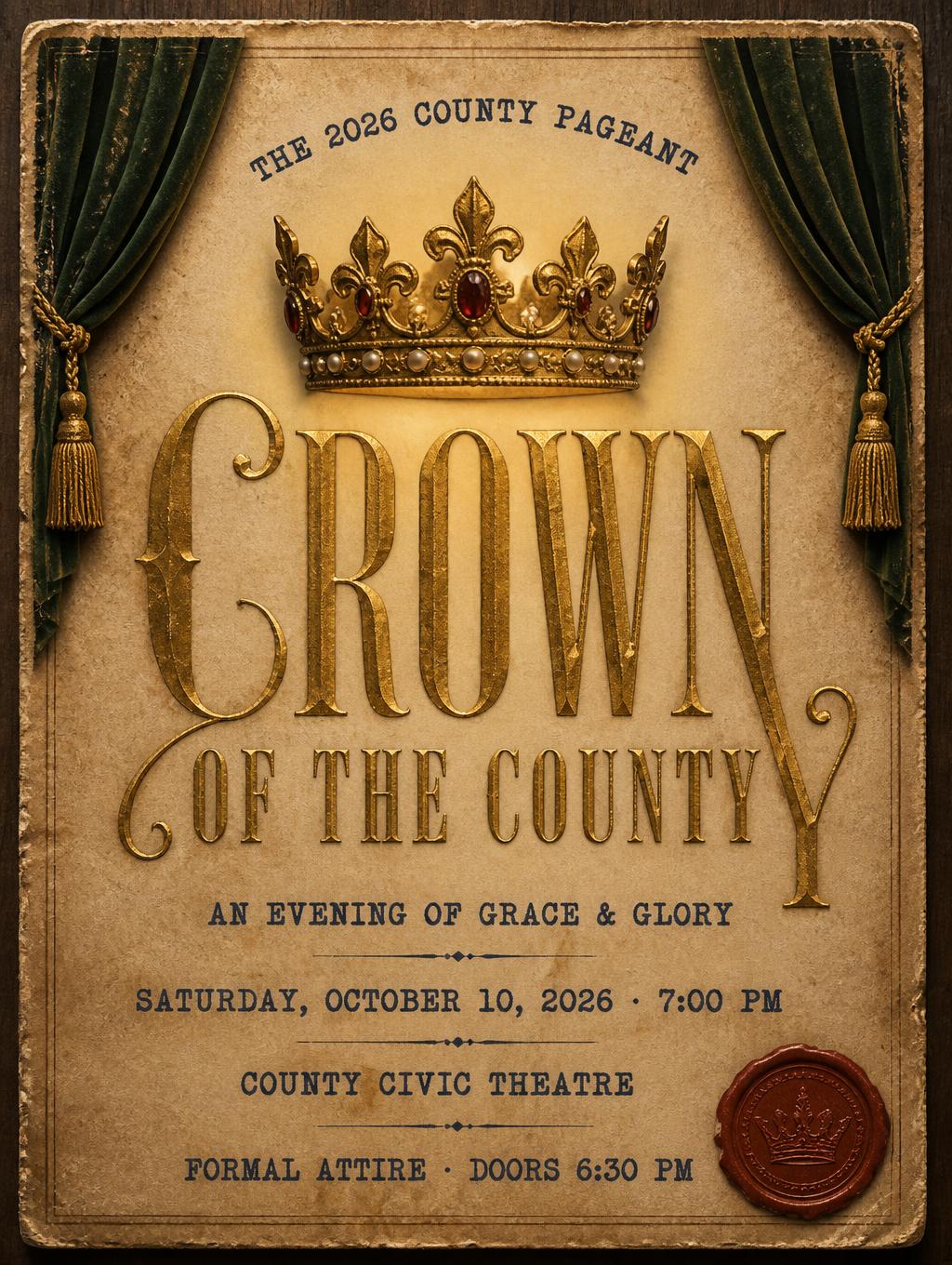 "CROWN
OF THE COUNTY
THE 2026 COUNTY PAGEANT
AN EVENING OF GRACE & GLORY
SATURDAY, OCTOBER 10, 2026 · 7:00 PM
COUNTY CIVIC THEATRE
FORMAL ATTIRE · DOORS 6:30 PM" — Vintage | AI Text Effect Generator