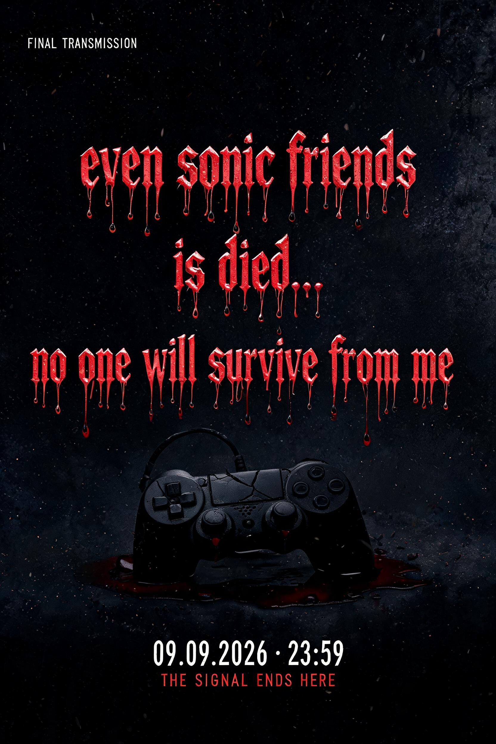 "even sonic friends
is died..
no one will survive from me
FINAL TRANSMISSION
09.09.2026 · 23:59
THE SIGNAL ENDS HERE" — Drip Font Blood | AI Text Effect Generator