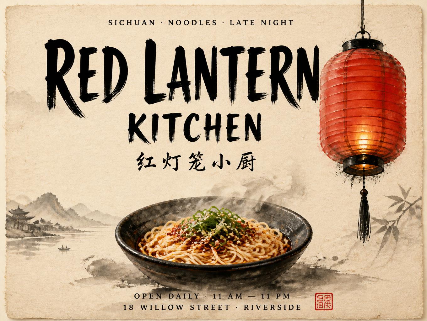 "RED LANTERN
KITCHEN
SICHUAN · NOODLES · LATE NIGHT
红灯笼小厨
OPEN DAILY · 11 AM — 11 PM
18 WILLOW STREET · RIVERSIDE" — Brush Chinese Ink | AI Text Effect Generator