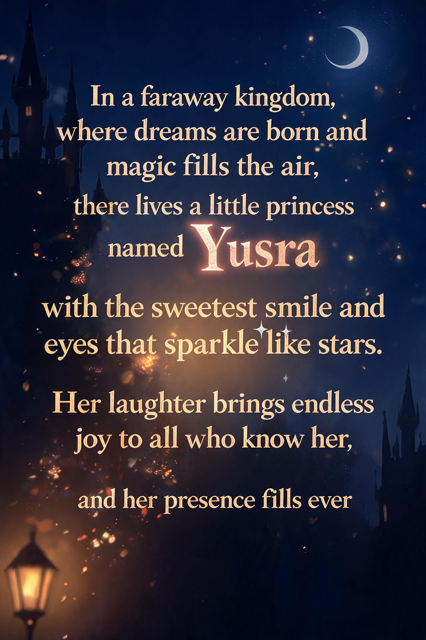 "In a faraway kingdom, where dreams are born and magic fills the air, there lives a little princess named Yusra, with the sweetest smile and eyes that sparkle like stars.
Her laughter brings endless joy to all who know her, and her presence fills ever" — Fairy Tale | AI Text Effect Generator