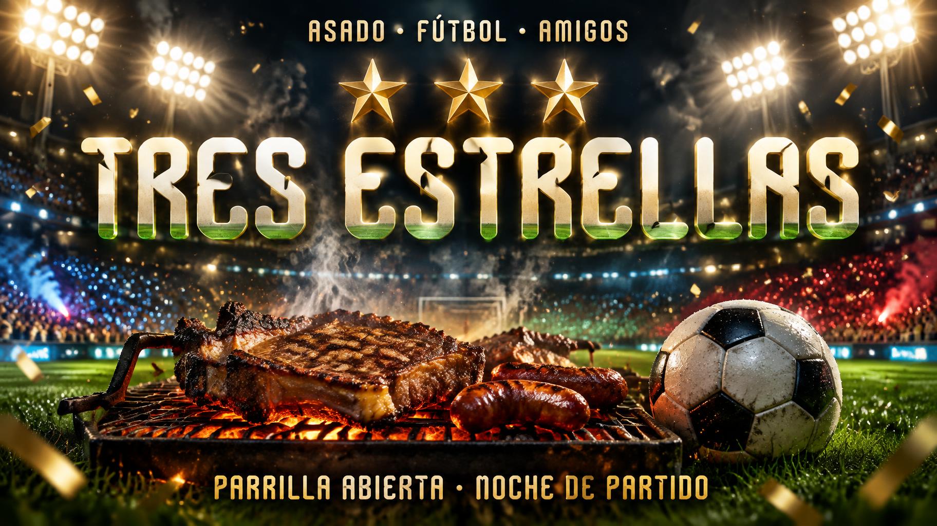 "TRES ESTRELLAS
ASADO • FÚTBOL • AMIGOS
PARRILLA ABIERTA · NOCHE DE PARTIDO" — Sports Football | AI Text Effect Generator