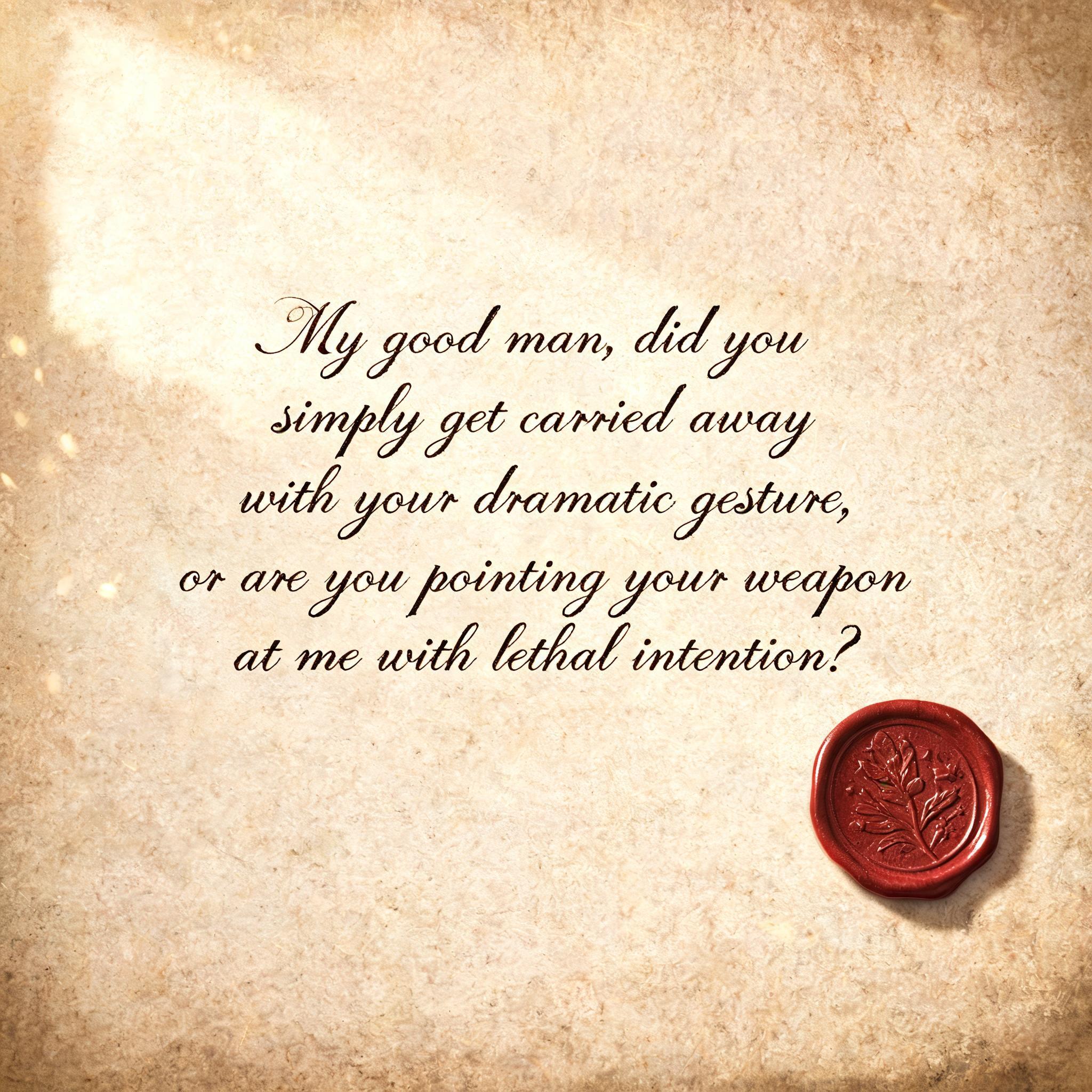 "My good man, did you simply get carried away with your dramatic gesture, or are you pointing your weapon at me with lethal intention?" — Handwritten Script | AI Text Effect Generator