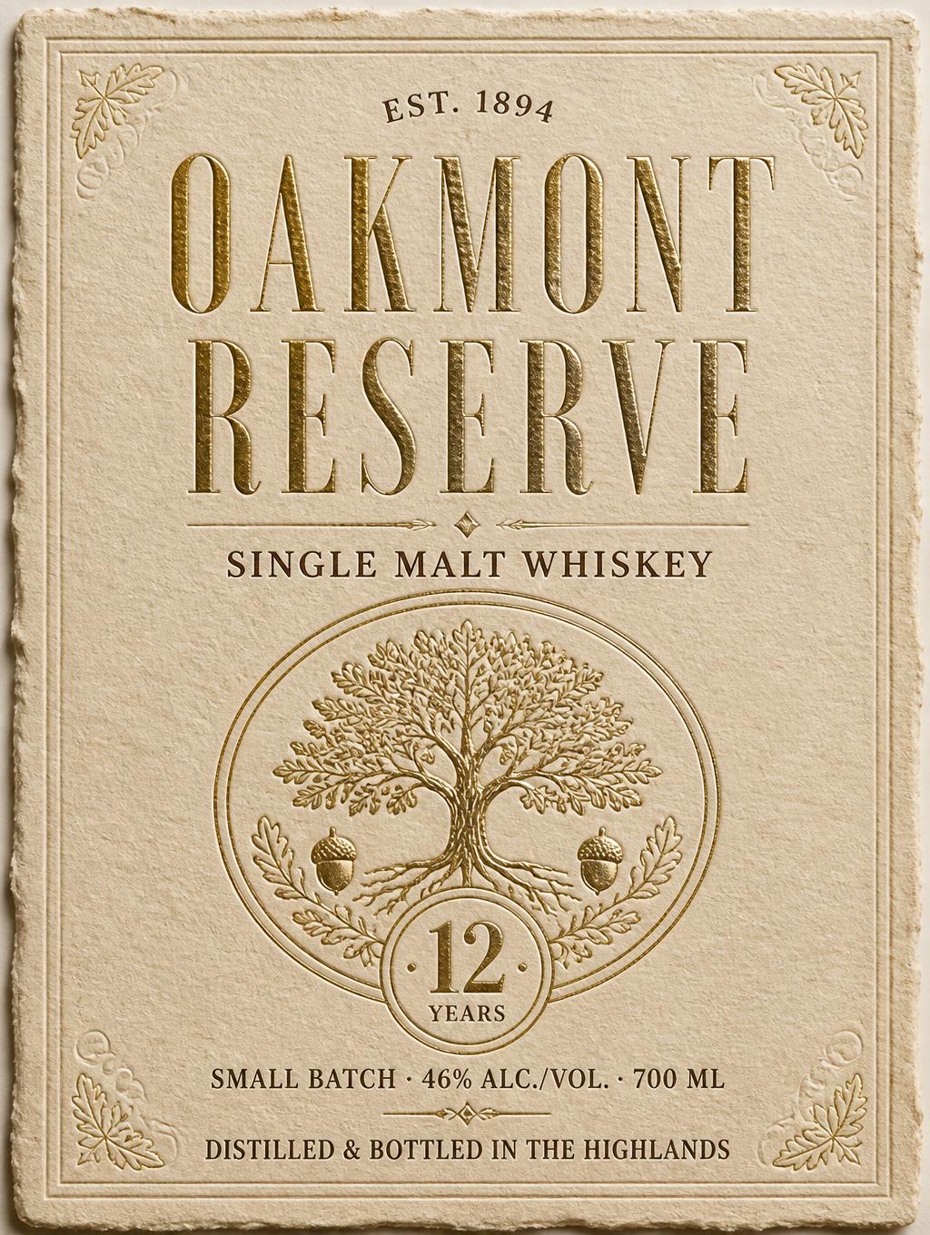 "OAKMONT
RESERVE
SINGLE MALT WHISKEY
12
YEARS
SMALL BATCH · 46% ALC./VOL. · 700 ML
DISTILLED & BOTTLED IN THE HIGHLANDS
EST. 1894" — Emboss | AI Text Effect Generator