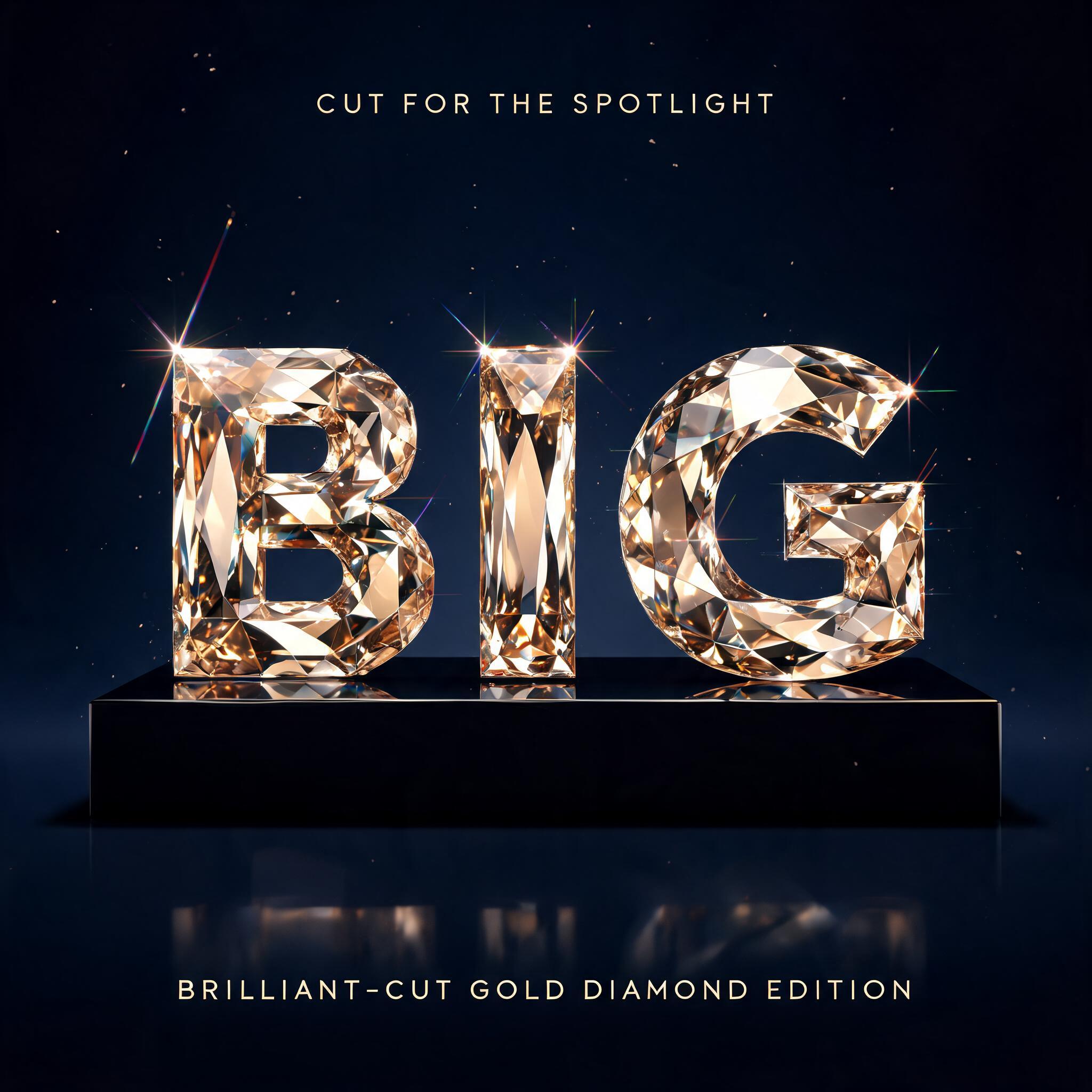 "BIG
CUT FOR THE SPOTLIGHT
BRILLIANT-CUT GOLD DIAMOND EDITION" — Glass Crystal | AI Text Effect Generator