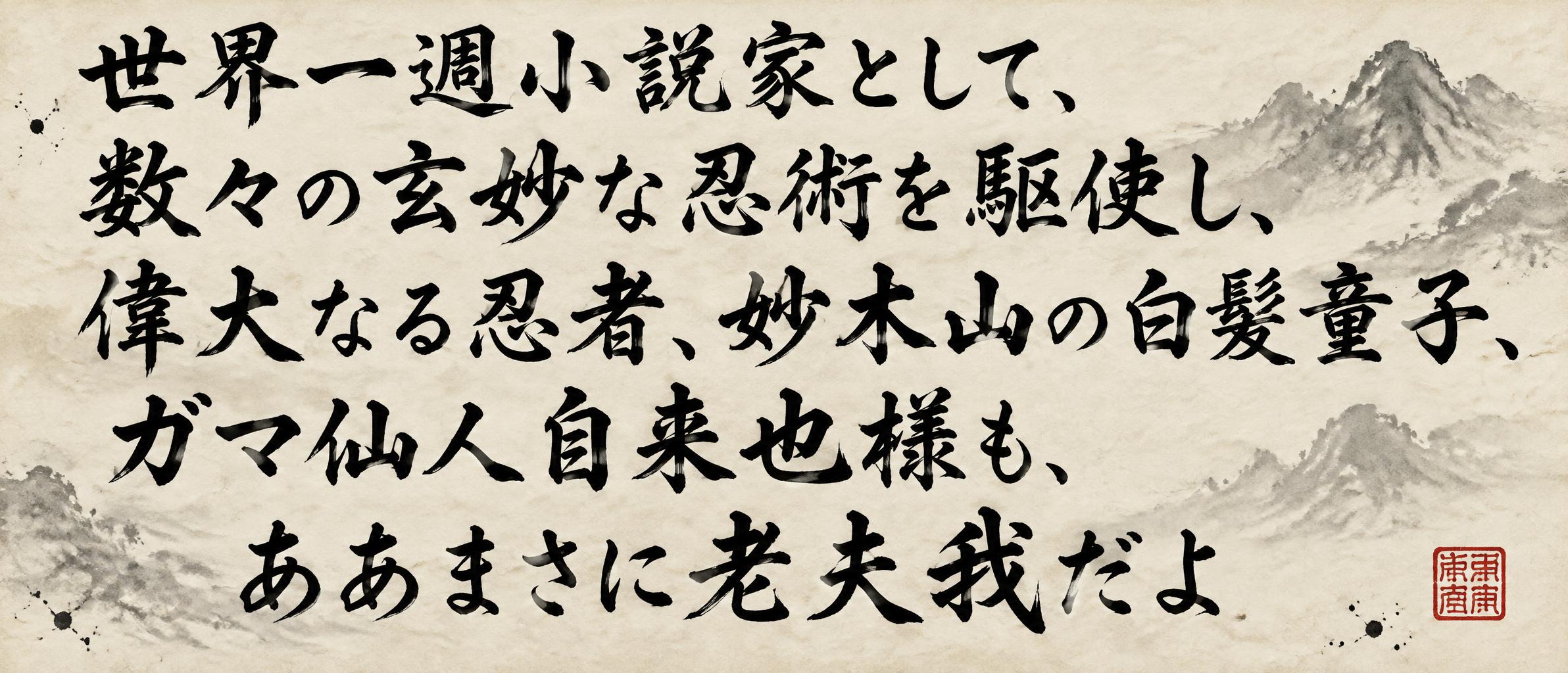 "世界一週小説家として、数々の玄妙な忍術を駆使し、偉大なる忍者、妙木山の白髪童子、ガマ仙人自来也様も、ああまさに老夫我だよ" — Brush Japanese Ink | AI Text Effect Generator